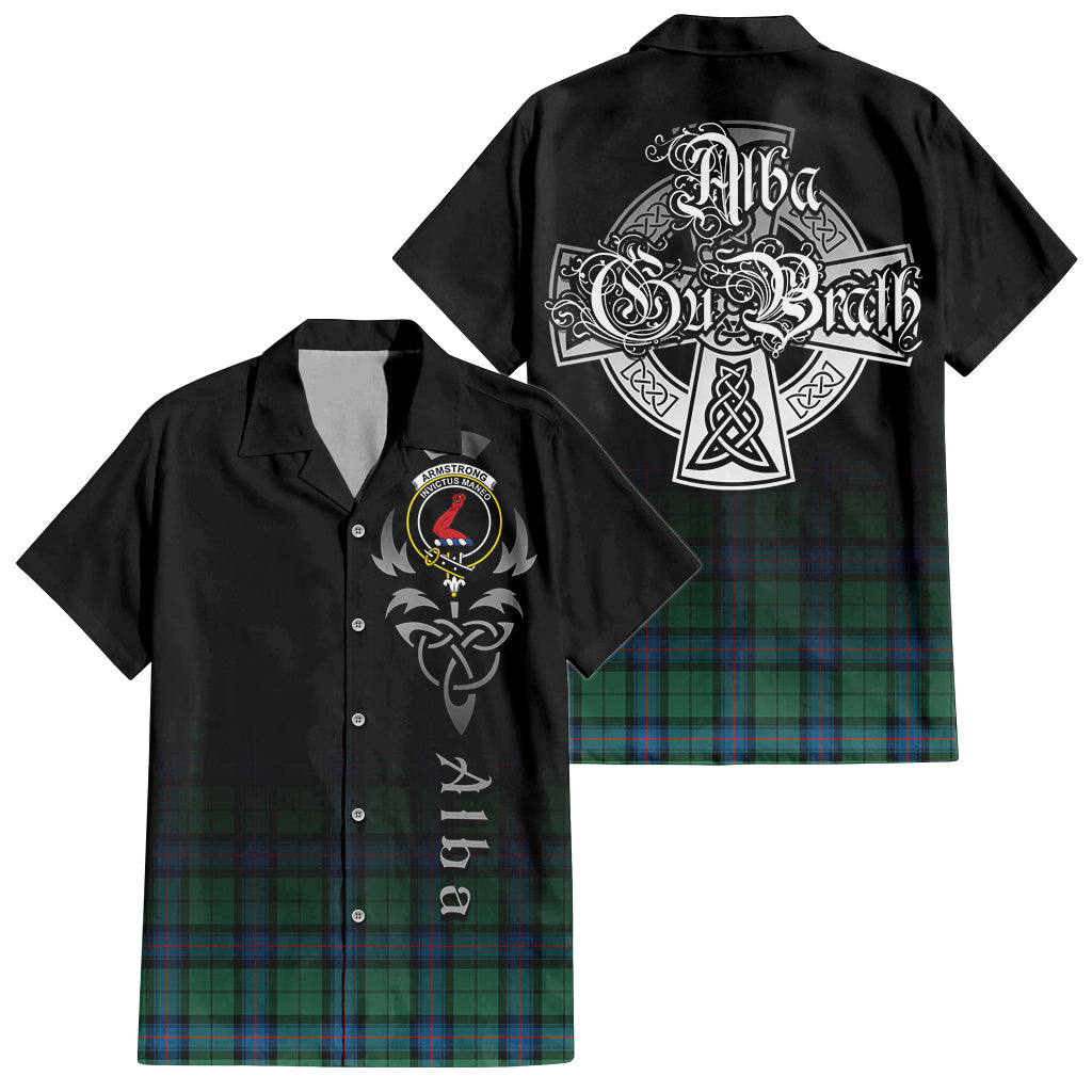 Tartan Vibes Clothing Armstrong Ancient Tartan Short Sleeve Button Up Featuring Alba Gu Brath Family Crest Celtic Inspired