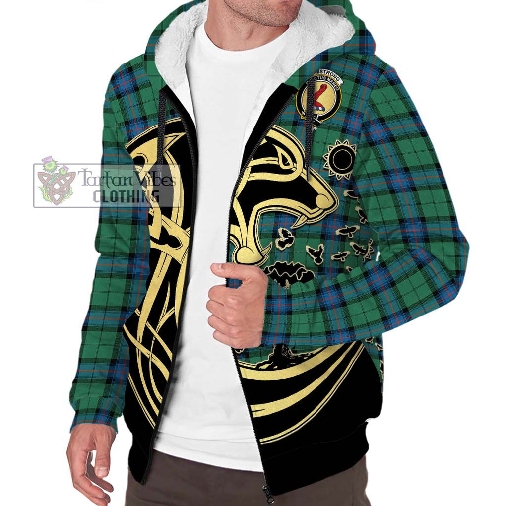 Armstrong Ancient Tartan Sherpa Hoodie with Family Crest Celtic Wolf Style Unisex S - Tartan Vibes Clothing