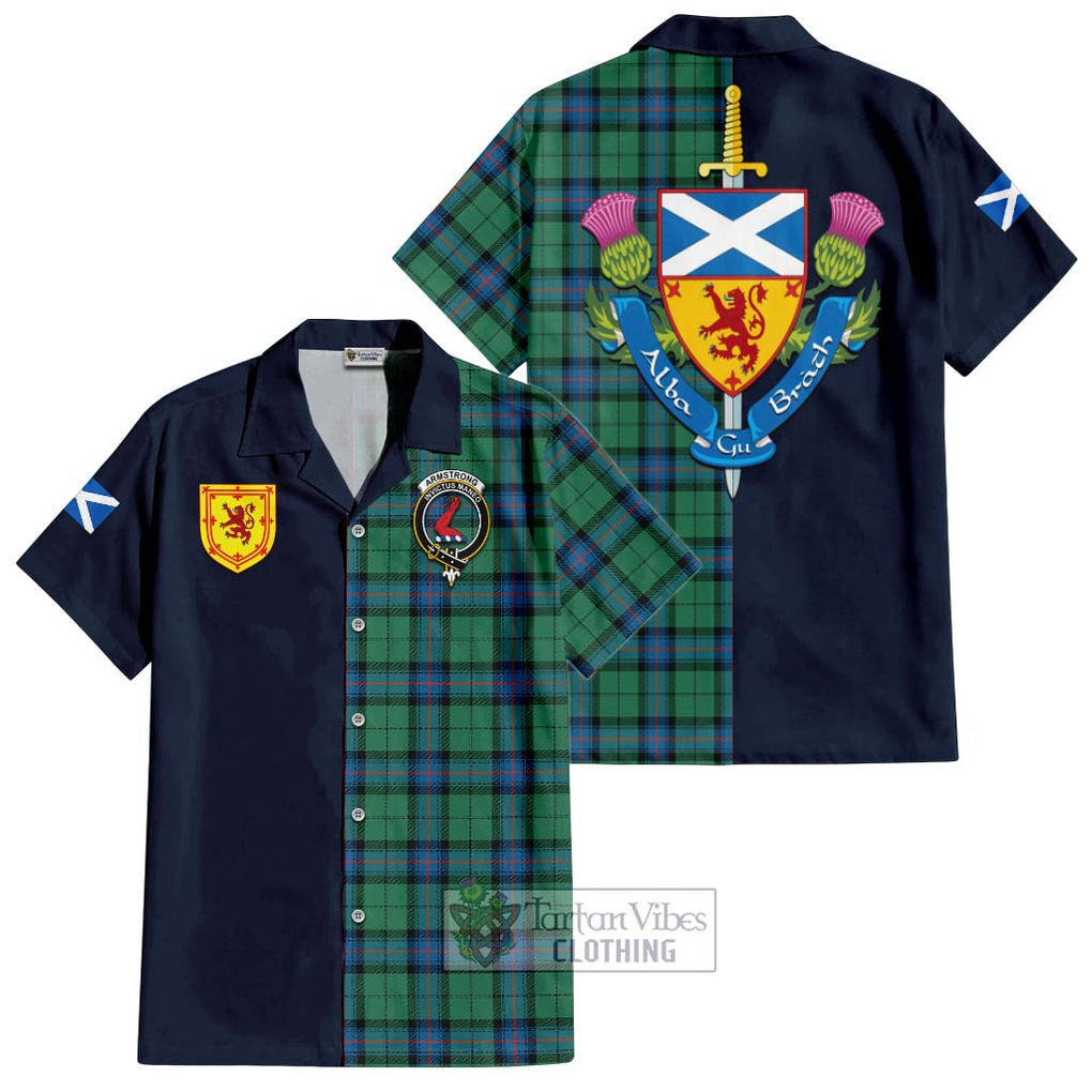 Tartan Vibes Clothing Armstrong Ancient Tartan Short Sleeve Button Shirt with Scottish Lion Royal Arm Half Style