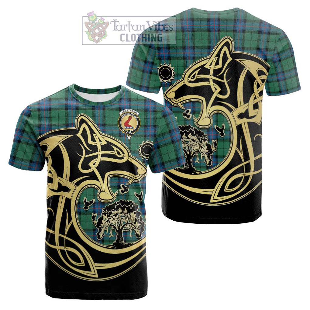 Tartan Vibes Clothing Armstrong Ancient Tartan Cotton T-shirt with Family Crest Celtic Wolf Style