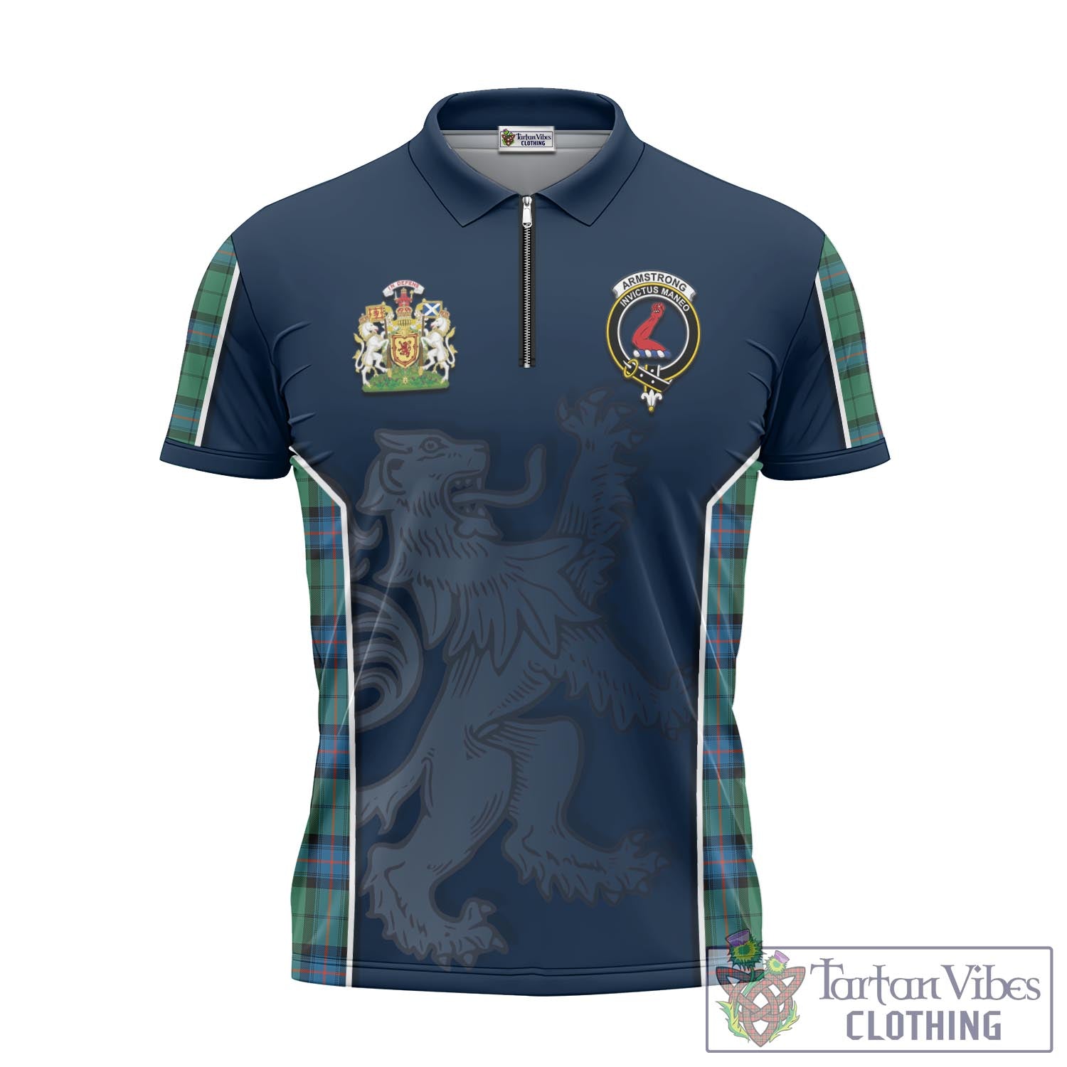 Tartan Vibes Clothing Armstrong Ancient Tartan Zipper Polo Shirt with Family Crest and Lion Rampant Vibes Sport Style