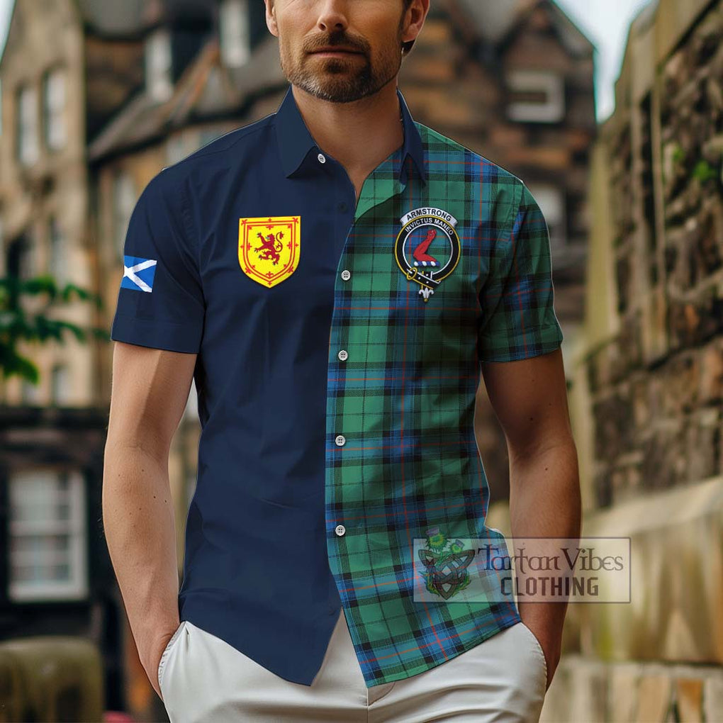 Tartan Vibes Clothing Armstrong Ancient Tartan Short Sleeve Button Shirt with Scottish Lion Royal Arm Half Style