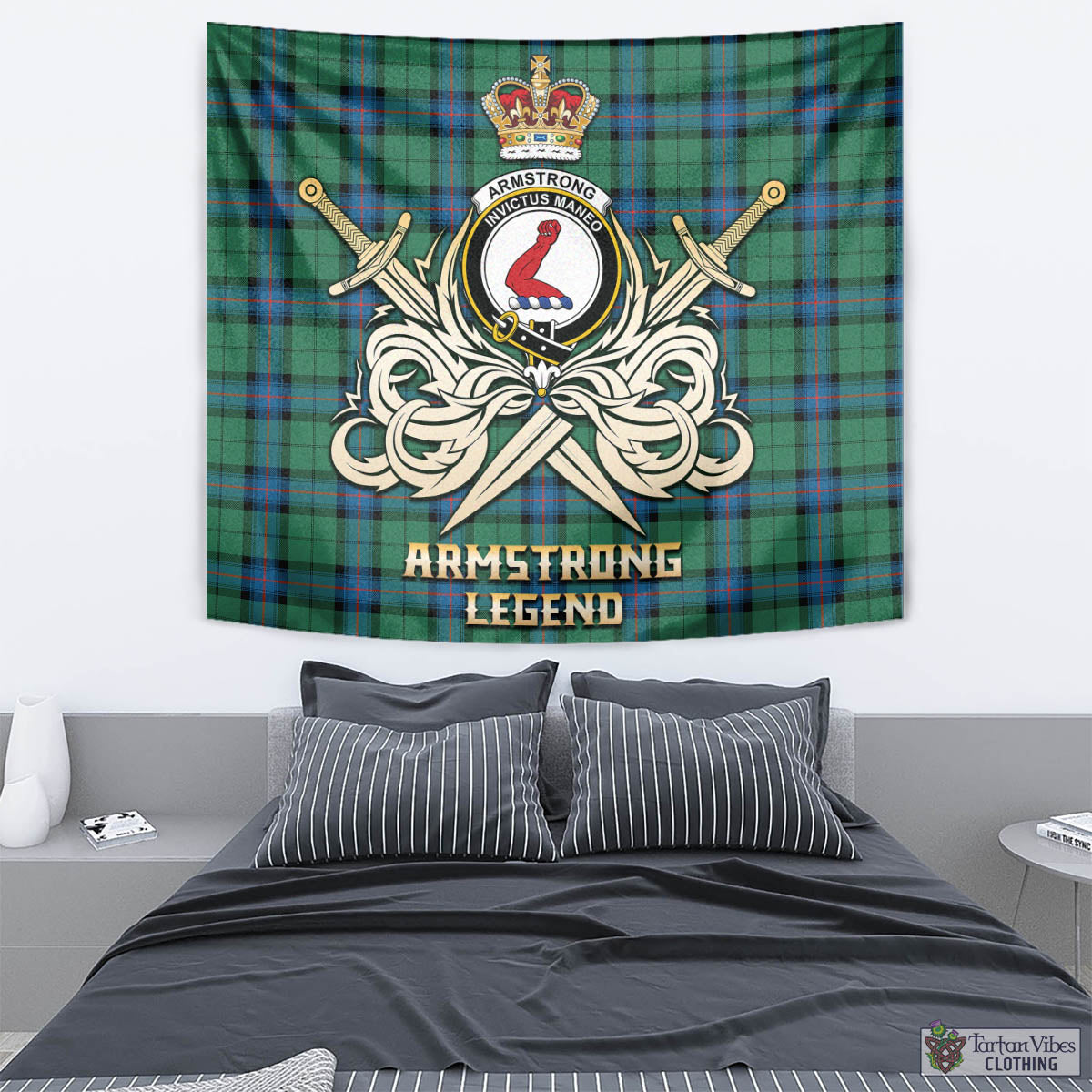 Tartan Vibes Clothing Armstrong Ancient Tartan Tapestry with Clan Crest and the Golden Sword of Courageous Legacy