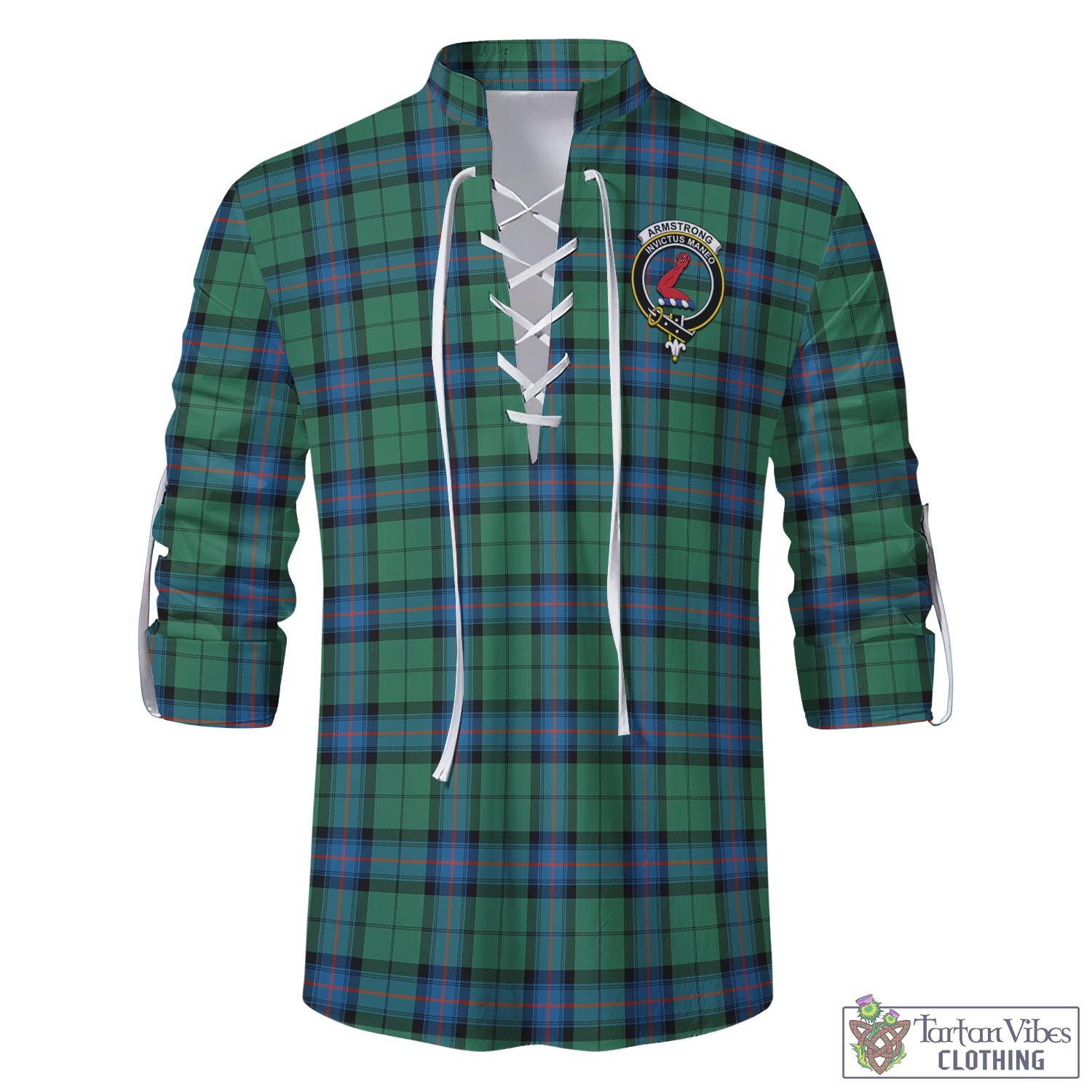 Tartan Vibes Clothing Armstrong Ancient Tartan Men's Scottish Traditional Jacobite Ghillie Kilt Shirt with Family Crest