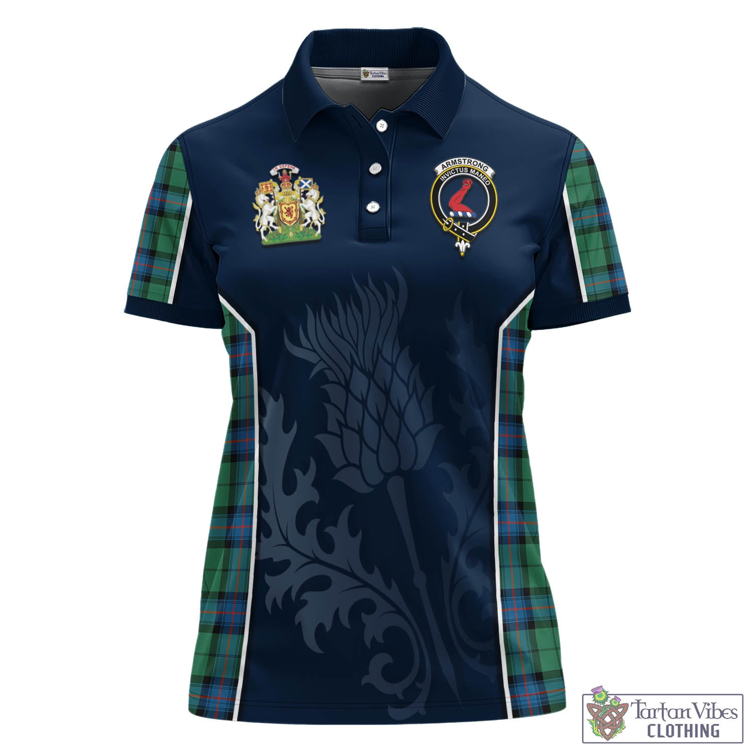 Tartan Vibes Clothing Armstrong Ancient Tartan Women's Polo Shirt with Family Crest and Scottish Thistle Vibes Sport Style