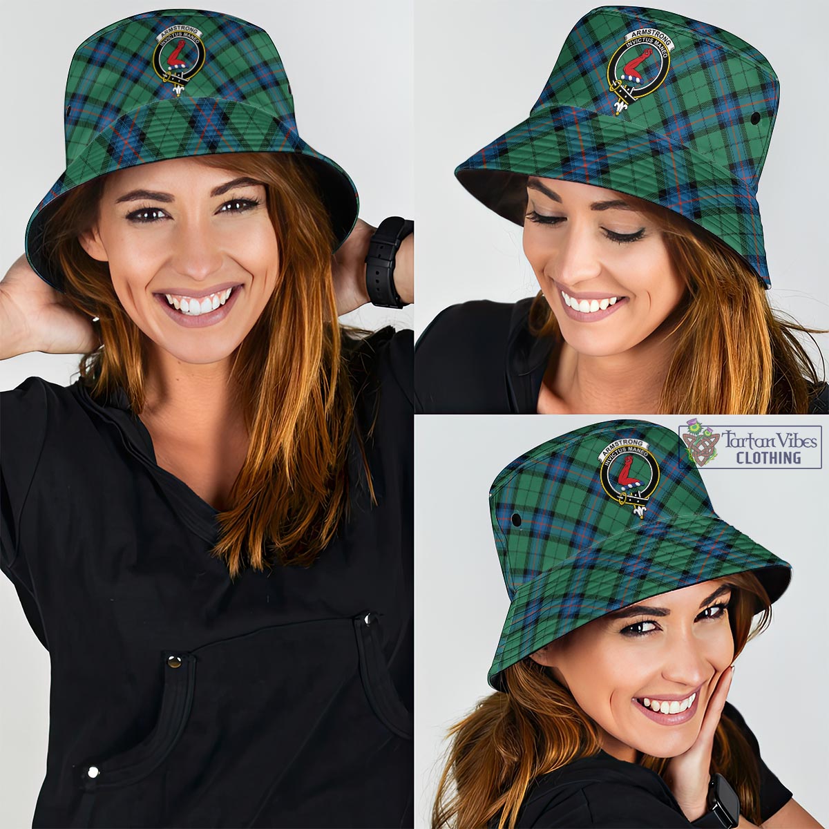 Tartan Vibes Clothing Armstrong Ancient Tartan Bucket Hat with Family Crest