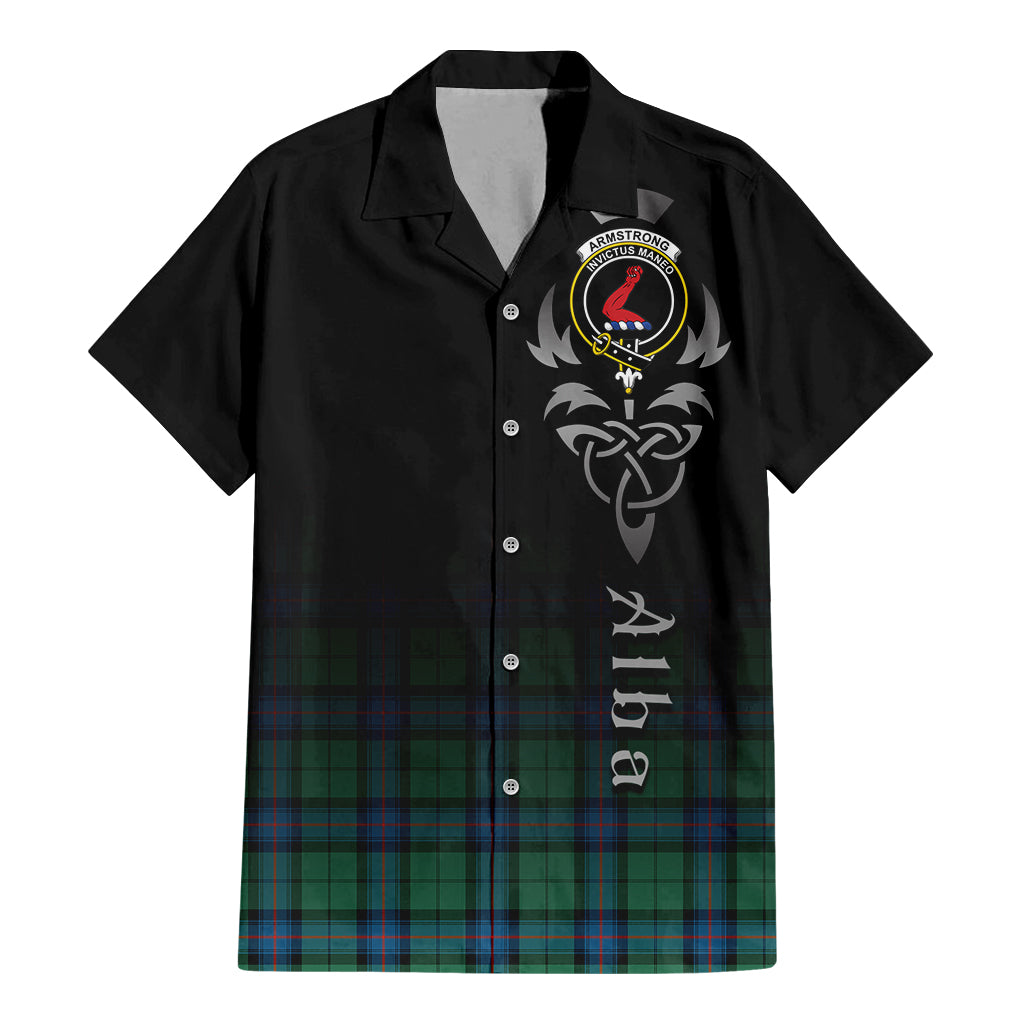 Tartan Vibes Clothing Armstrong Ancient Tartan Short Sleeve Button Up Featuring Alba Gu Brath Family Crest Celtic Inspired