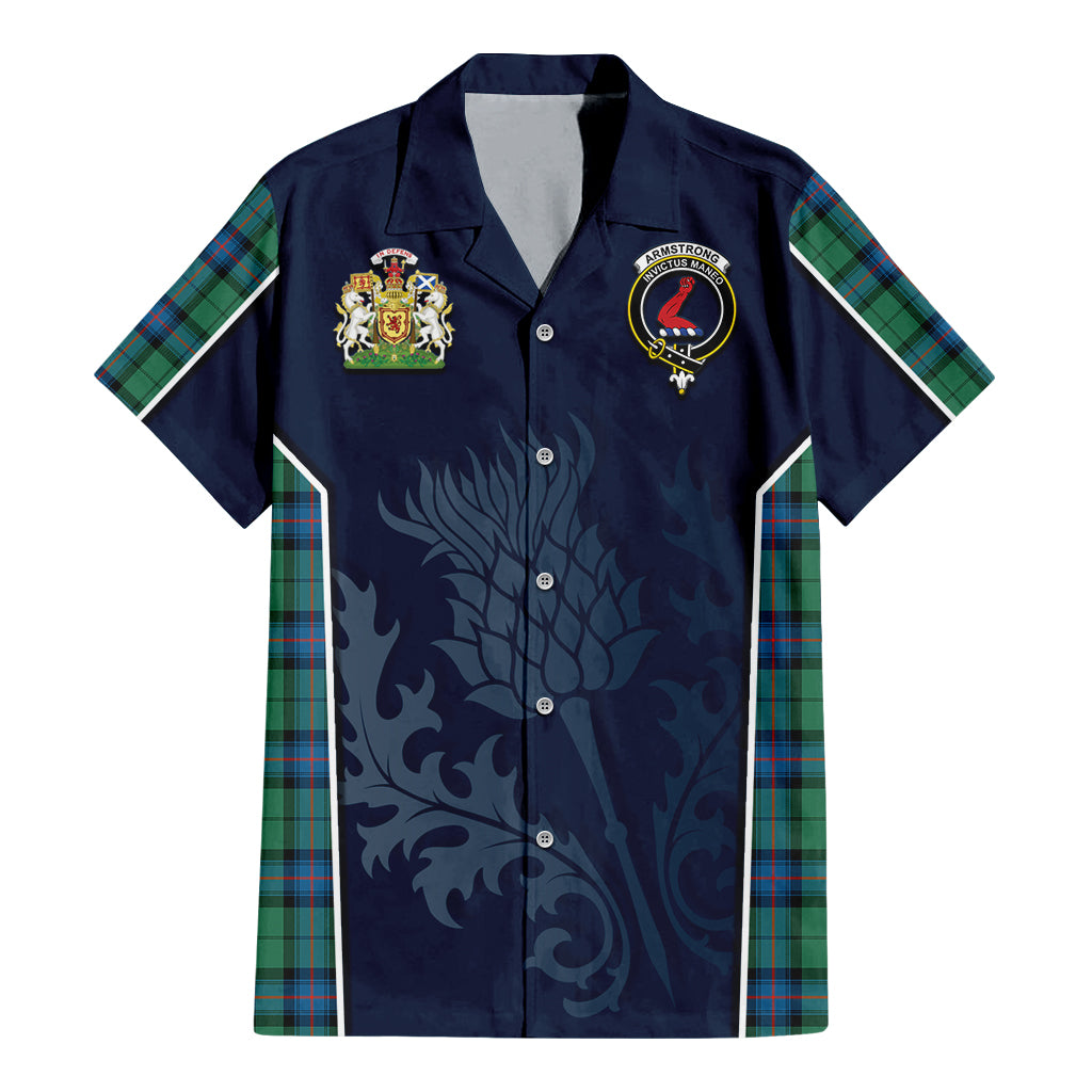 Tartan Vibes Clothing Armstrong Ancient Tartan Short Sleeve Button Up Shirt with Family Crest and Scottish Thistle Vibes Sport Style