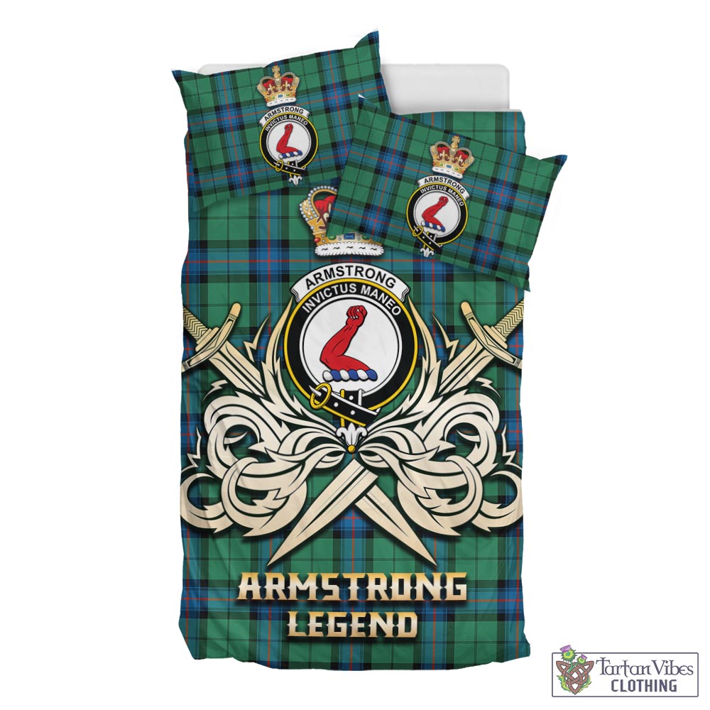 Tartan Vibes Clothing Armstrong Ancient Tartan Bedding Set with Clan Crest and the Golden Sword of Courageous Legacy