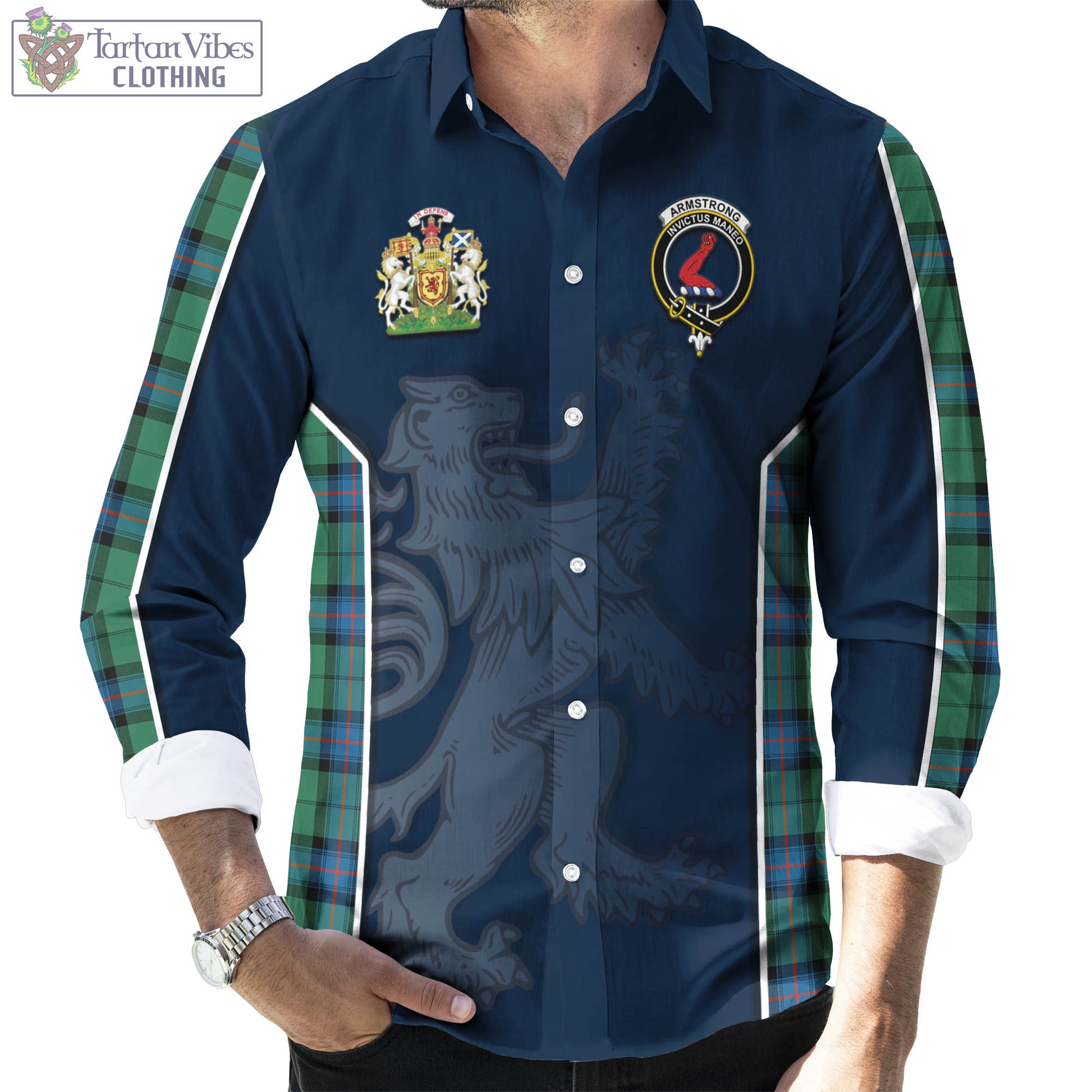 Tartan Vibes Clothing Armstrong Ancient Tartan Long Sleeve Button Up Shirt with Family Crest and Lion Rampant Vibes Sport Style