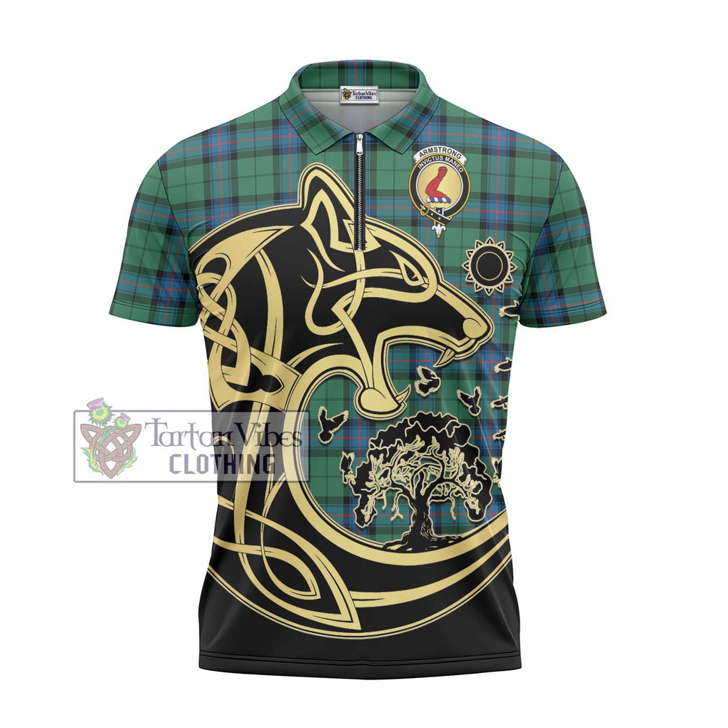 Armstrong Ancient Tartan Zipper Polo Shirt with Family Crest Celtic Wolf Style - Tartanvibesclothing Shop