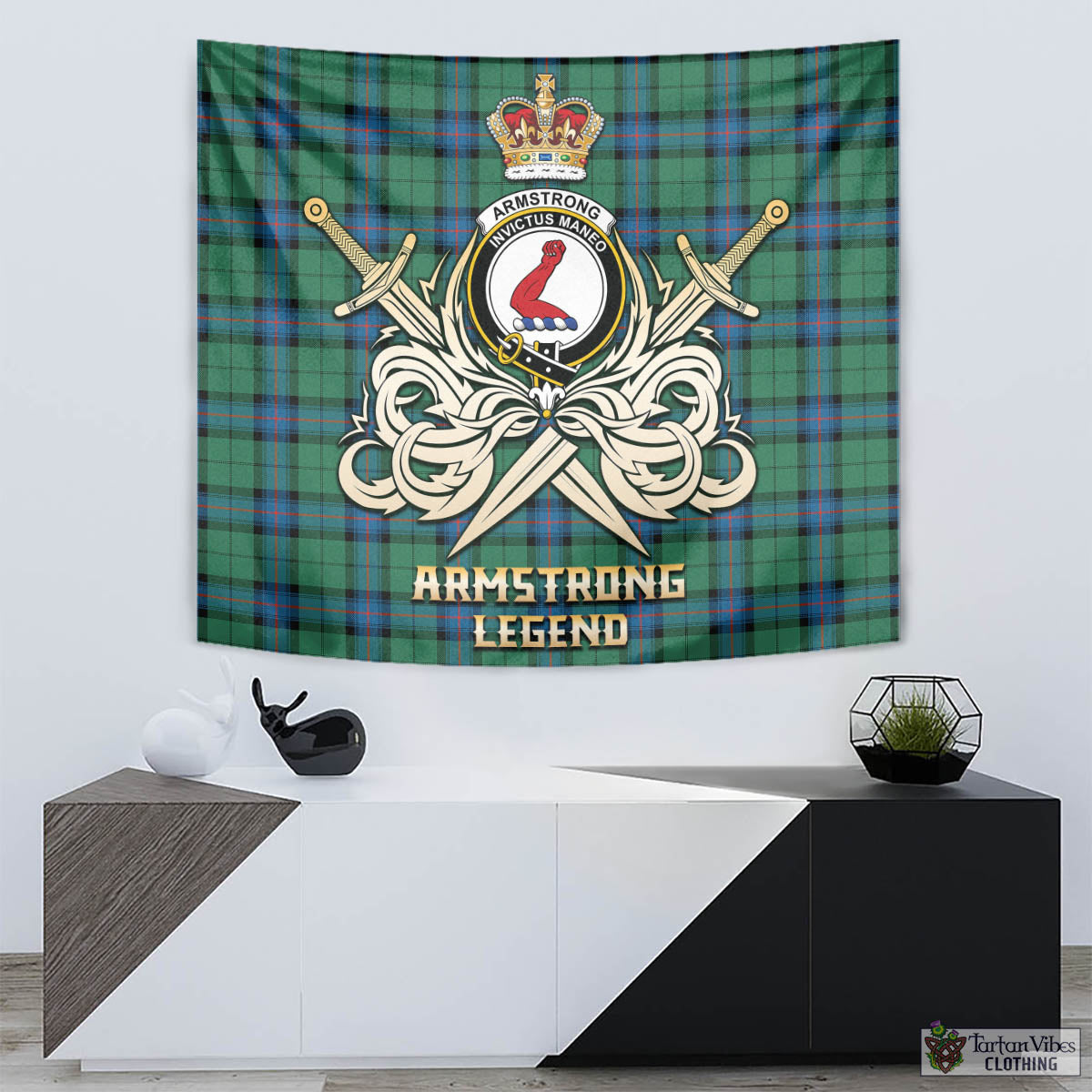 Tartan Vibes Clothing Armstrong Ancient Tartan Tapestry with Clan Crest and the Golden Sword of Courageous Legacy