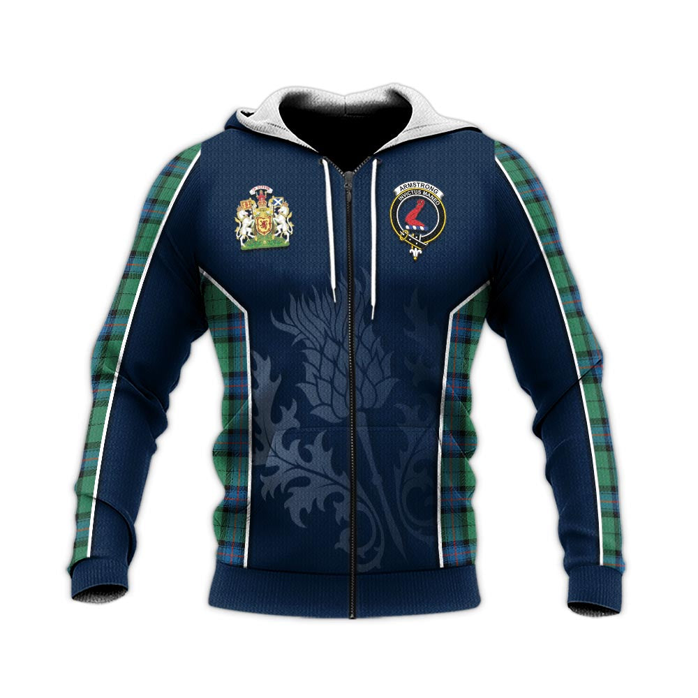 Tartan Vibes Clothing Armstrong Ancient Tartan Knitted Hoodie with Family Crest and Scottish Thistle Vibes Sport Style