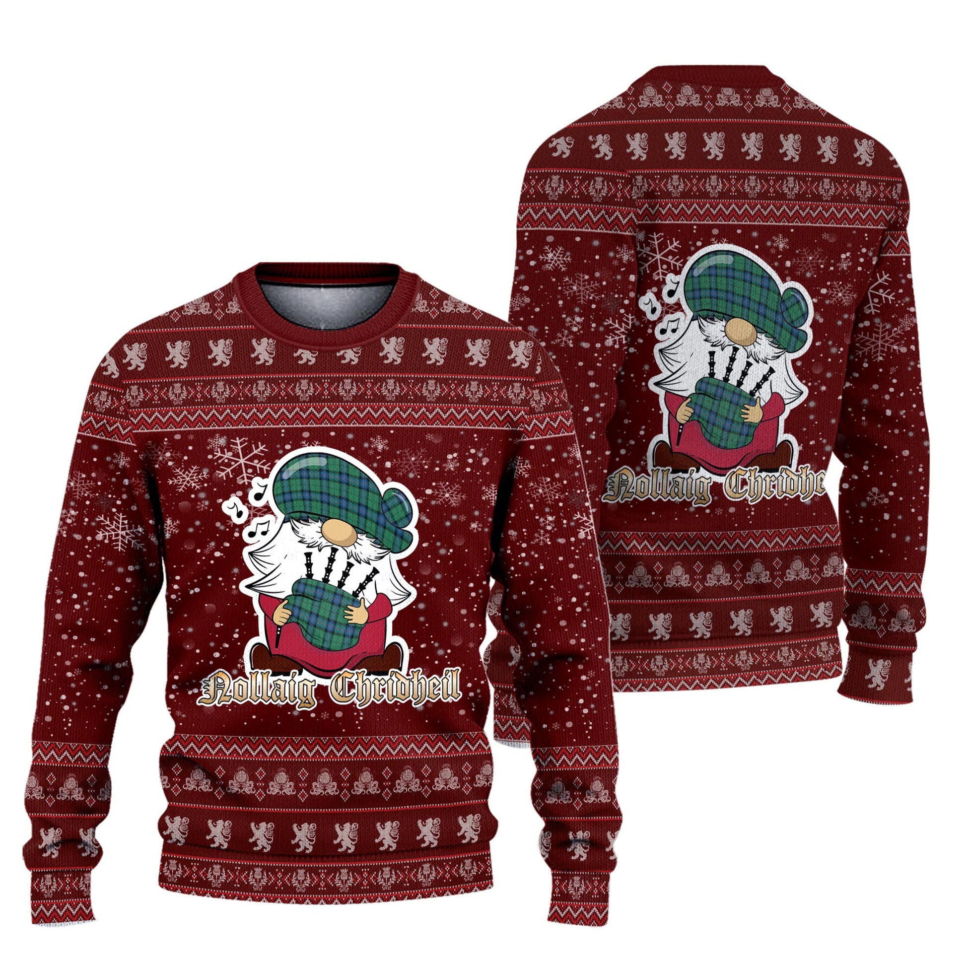 Armstrong Ancient Clan Christmas Family Knitted Sweater with Funny Gnome Playing Bagpipes Unisex Red - Tartanvibesclothing