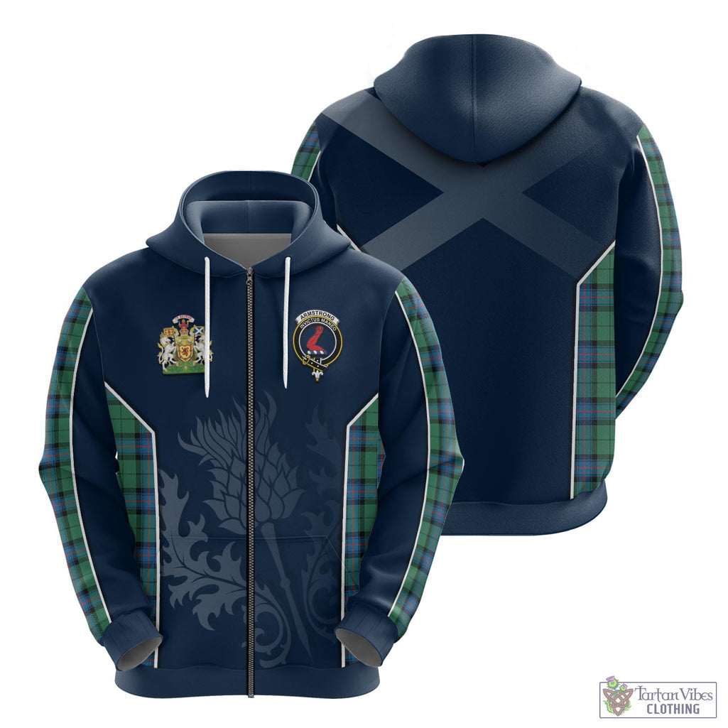 Tartan Vibes Clothing Armstrong Ancient Tartan Hoodie with Family Crest and Scottish Thistle Vibes Sport Style