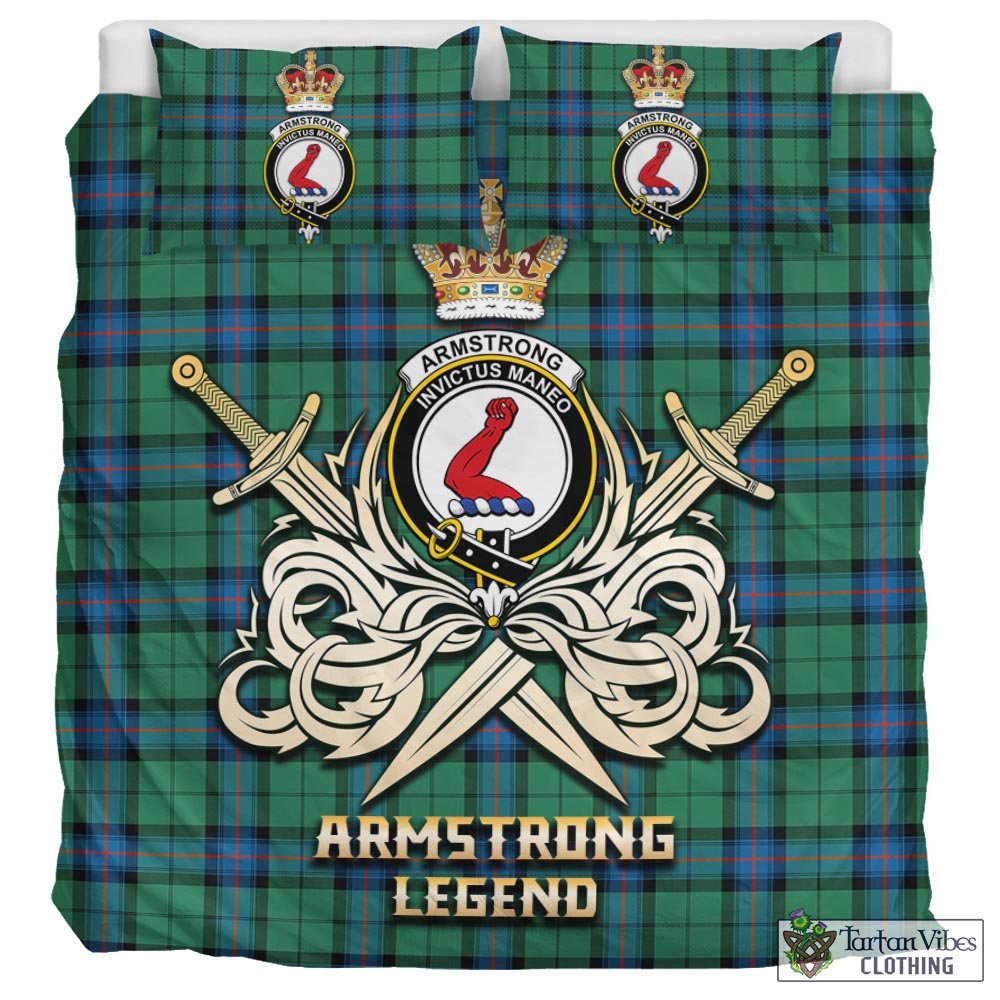 Tartan Vibes Clothing Armstrong Ancient Tartan Bedding Set with Clan Crest and the Golden Sword of Courageous Legacy