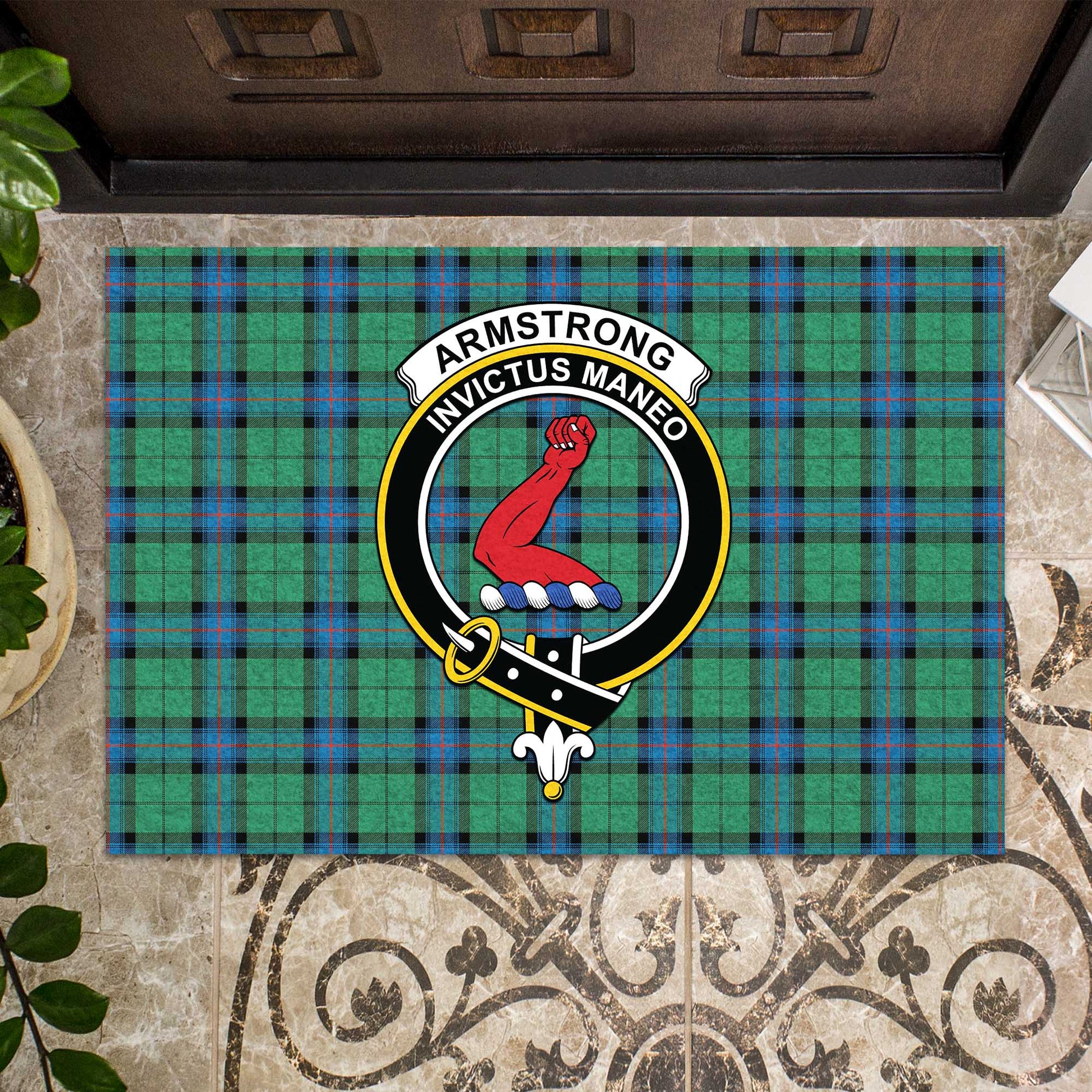 Armstrong Ancient Tartan Door Mat with Family Crest - Tartanvibesclothing