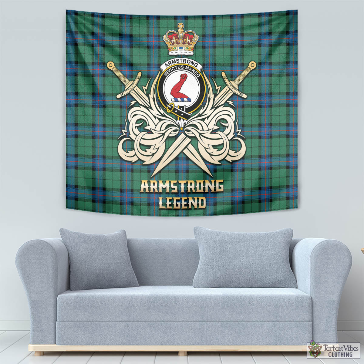 Tartan Vibes Clothing Armstrong Ancient Tartan Tapestry with Clan Crest and the Golden Sword of Courageous Legacy