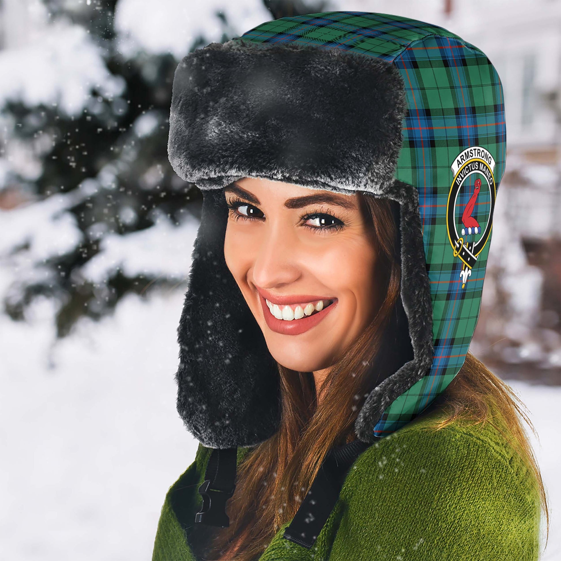 Armstrong Ancient Tartan Winter Trapper Hat with Family Crest - Tartanvibesclothing