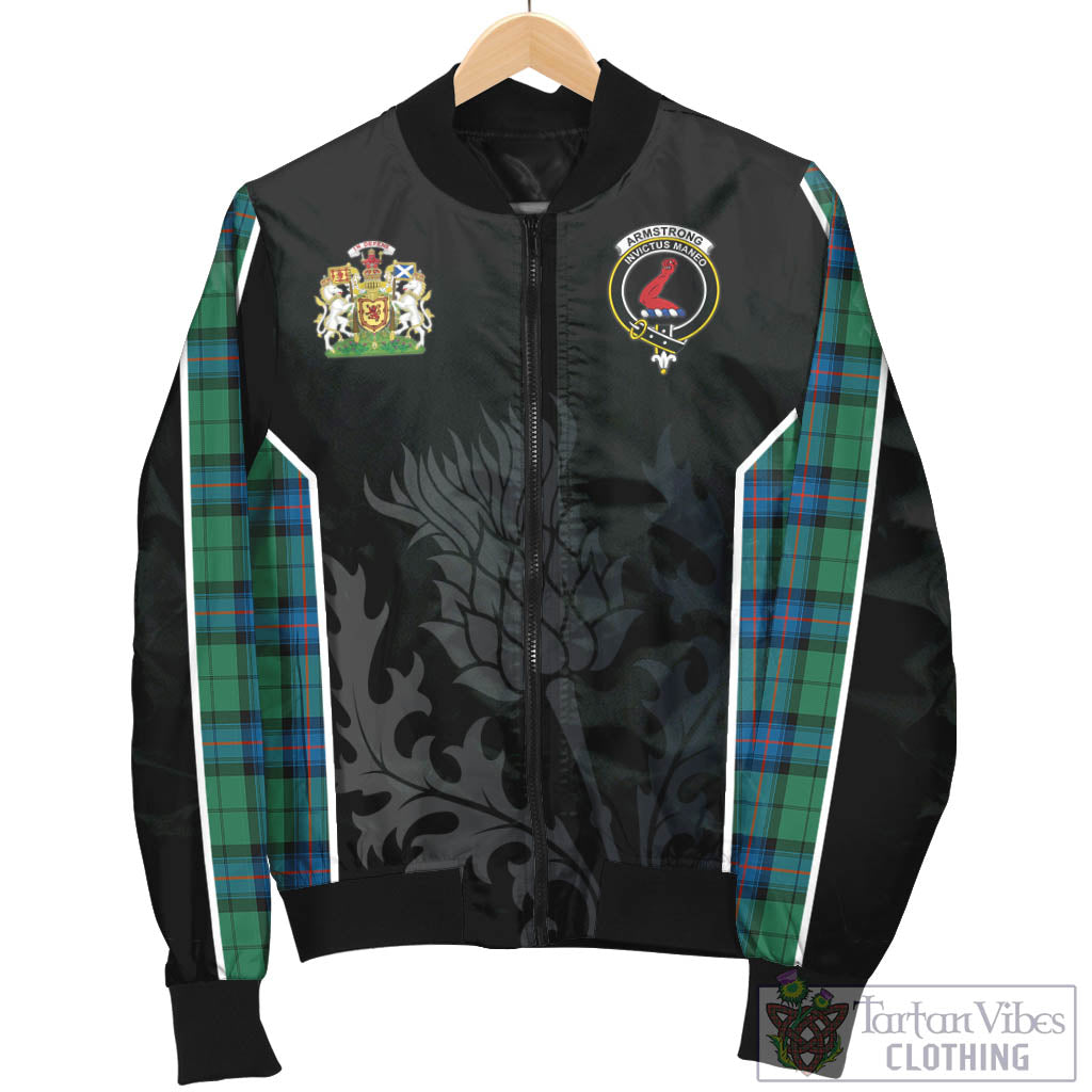 Tartan Vibes Clothing Armstrong Ancient Tartan Bomber Jacket with Family Crest and Scottish Thistle Vibes Sport Style