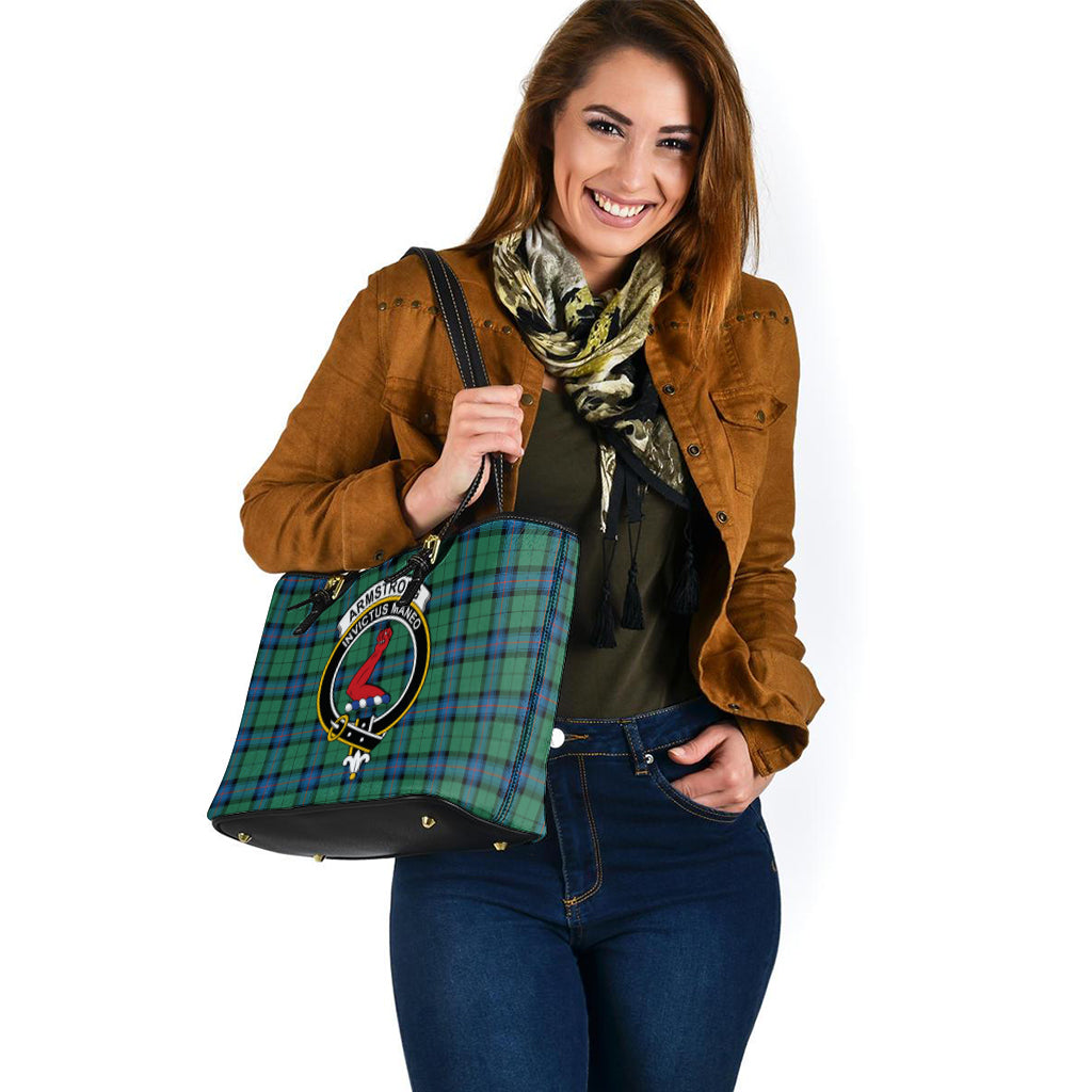 Armstrong Ancient Tartan Leather Tote Bag with Family Crest - Tartanvibesclothing