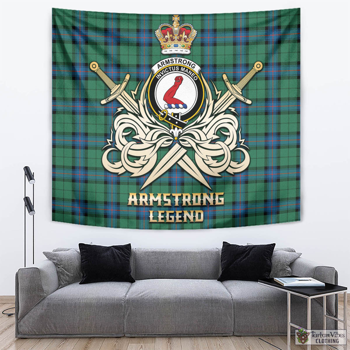 Tartan Vibes Clothing Armstrong Ancient Tartan Tapestry with Clan Crest and the Golden Sword of Courageous Legacy