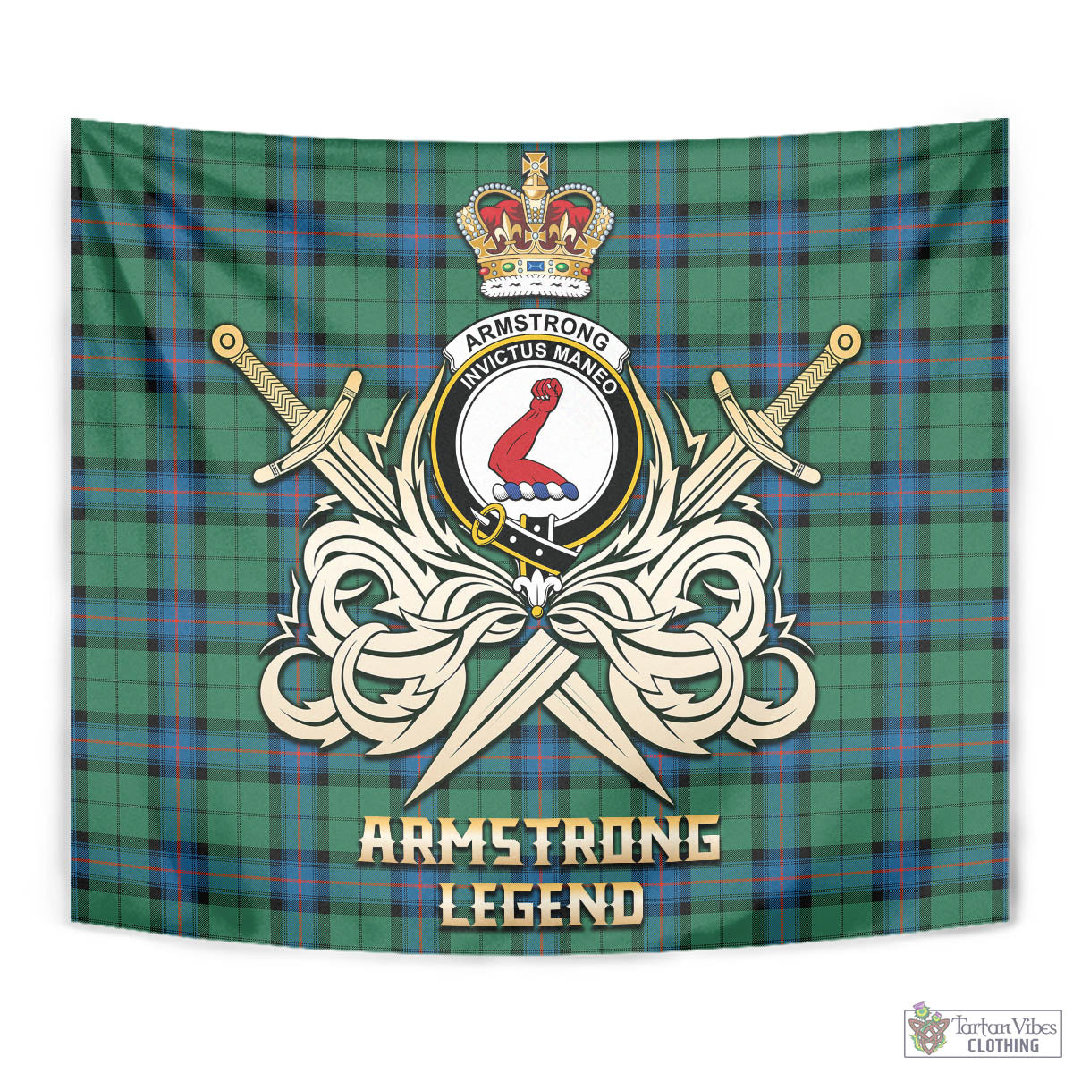 Tartan Vibes Clothing Armstrong Ancient Tartan Tapestry with Clan Crest and the Golden Sword of Courageous Legacy