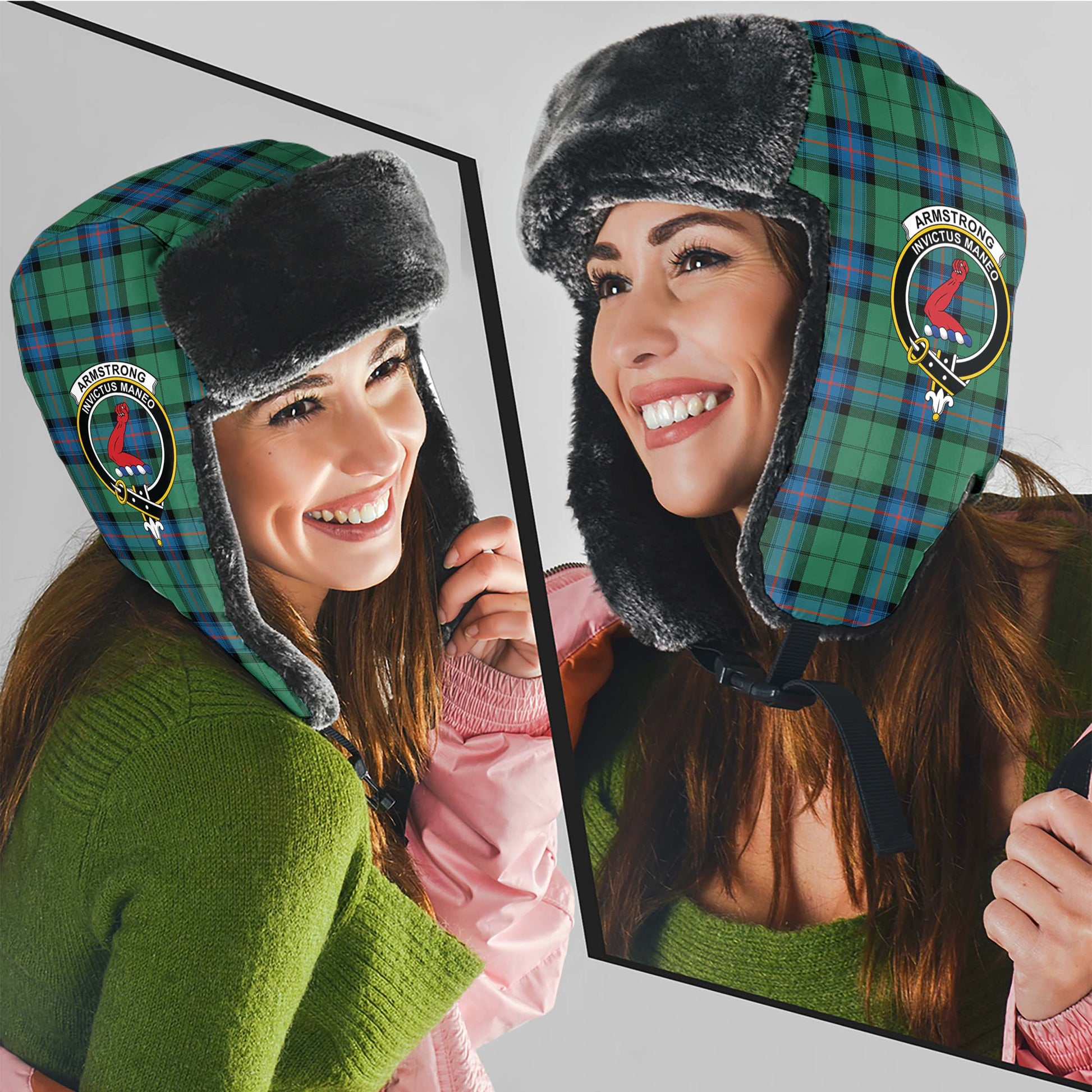 Armstrong Ancient Tartan Winter Trapper Hat with Family Crest - Tartanvibesclothing