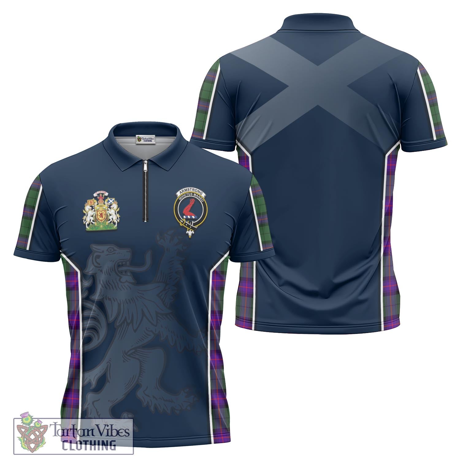 Tartan Vibes Clothing Armstrong Modern Tartan Zipper Polo Shirt with Family Crest and Lion Rampant Vibes Sport Style