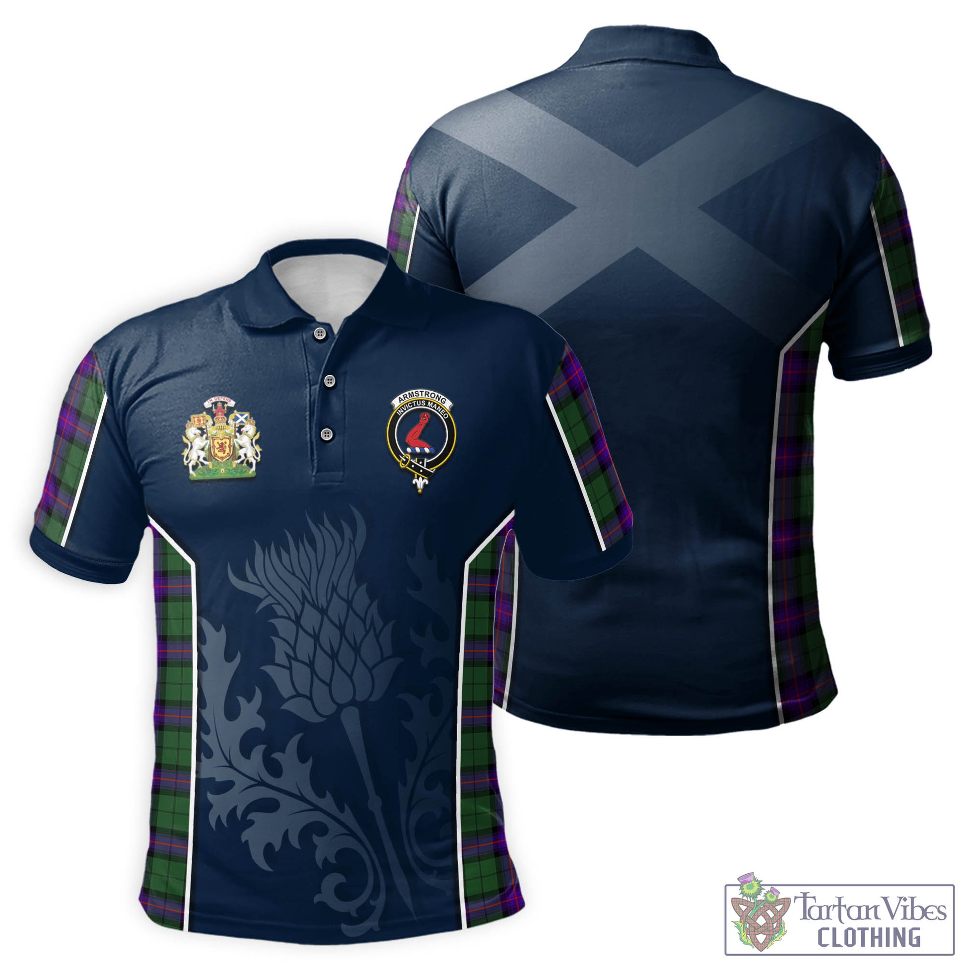 Tartan Vibes Clothing Armstrong Modern Tartan Men's Polo Shirt with Family Crest and Scottish Thistle Vibes Sport Style