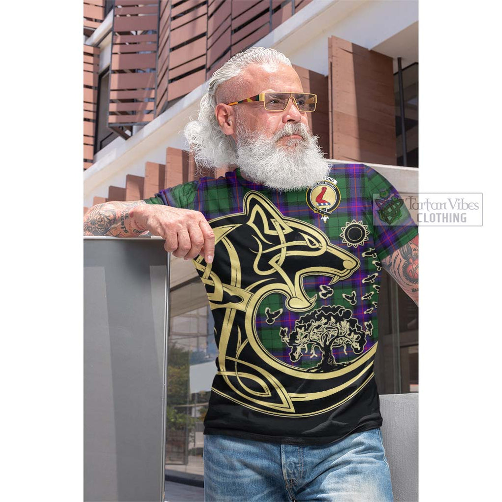 Tartan Vibes Clothing Armstrong Modern Tartan Cotton T-shirt with Family Crest Celtic Wolf Style