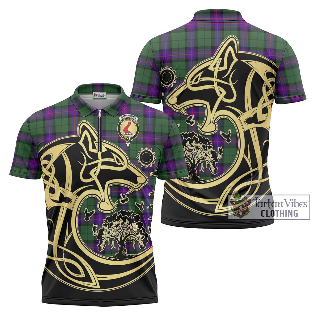 Armstrong Modern Tartan Zipper Polo Shirt with Family Crest Celtic Wolf Style Unisex - Tartanvibesclothing Shop