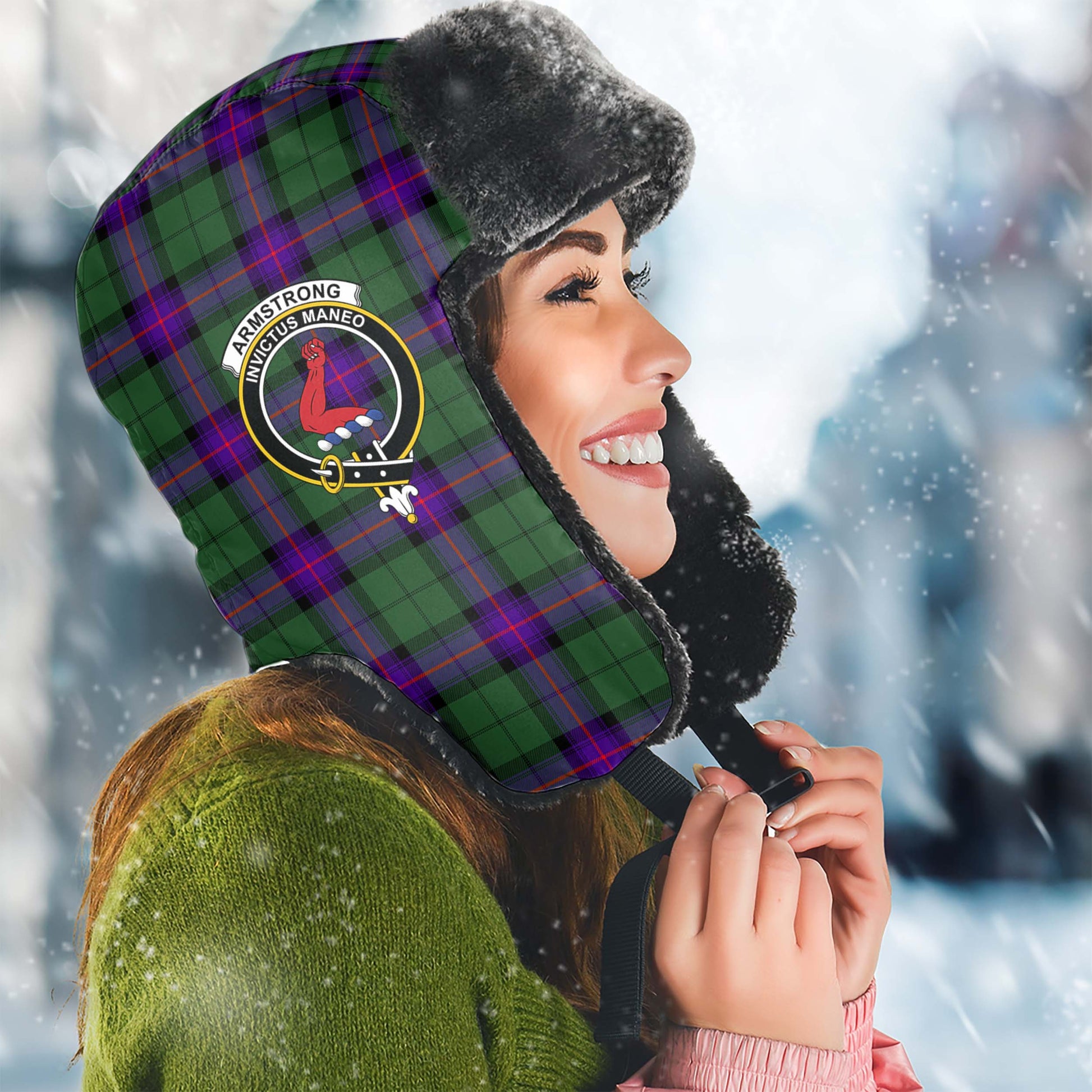 Armstrong Modern Tartan Winter Trapper Hat with Family Crest Winter Trapper Hat Universal Fit Circumference 22.8in (58cm) - Tartanvibesclothing