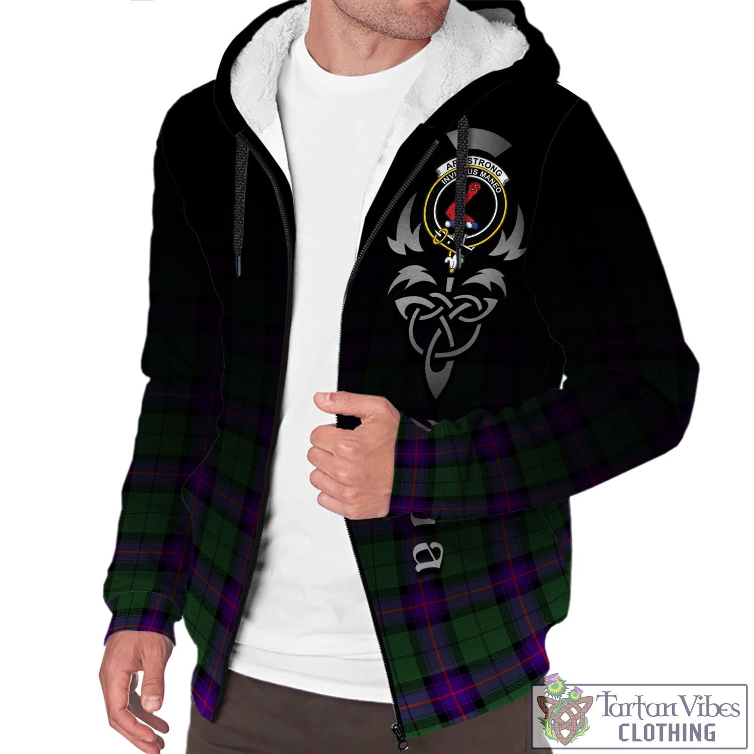 Tartan Vibes Clothing Armstrong Modern Tartan Sherpa Hoodie Featuring Alba Gu Brath Family Crest Celtic Inspired