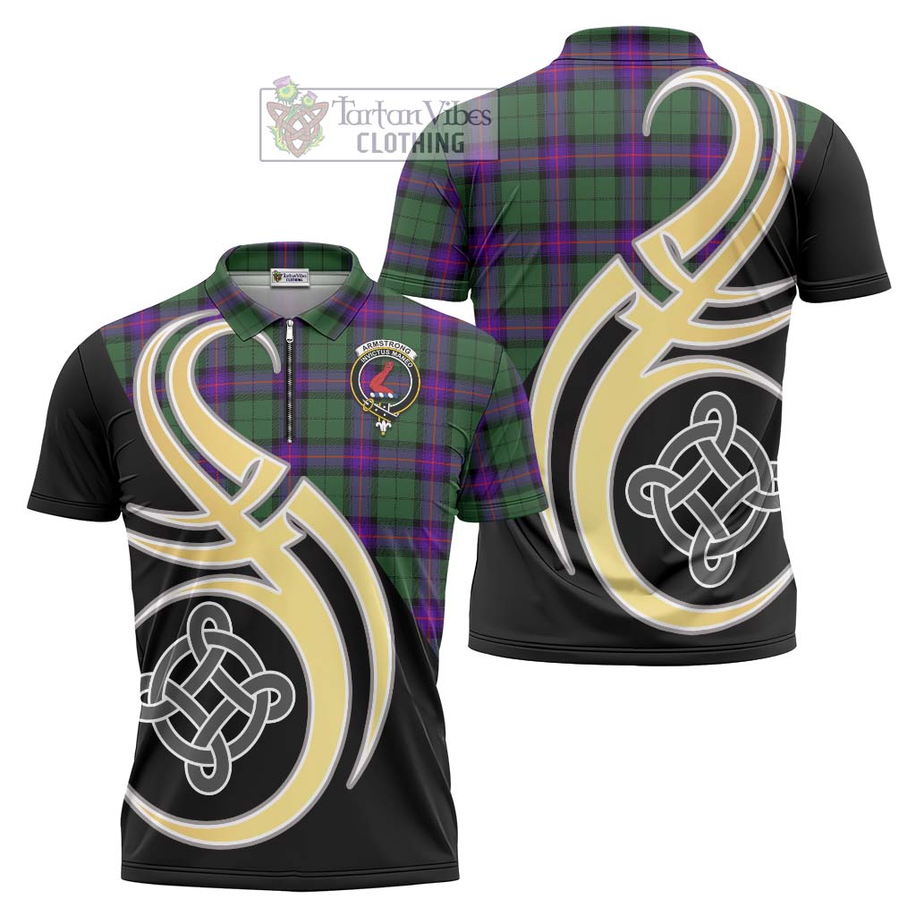 Tartan Vibes Clothing Armstrong Modern Tartan Zipper Polo Shirt with Family Crest and Celtic Symbol Style