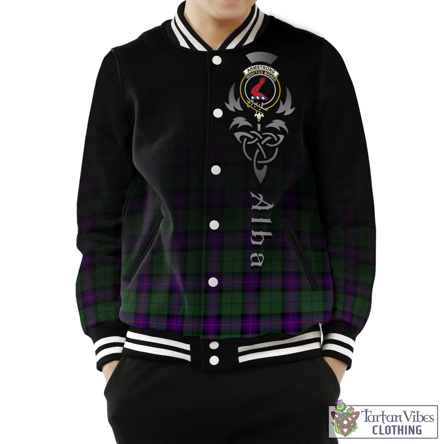 Tartan Vibes Clothing Armstrong Modern Tartan Baseball Jacket Featuring Alba Gu Brath Family Crest Celtic Inspired