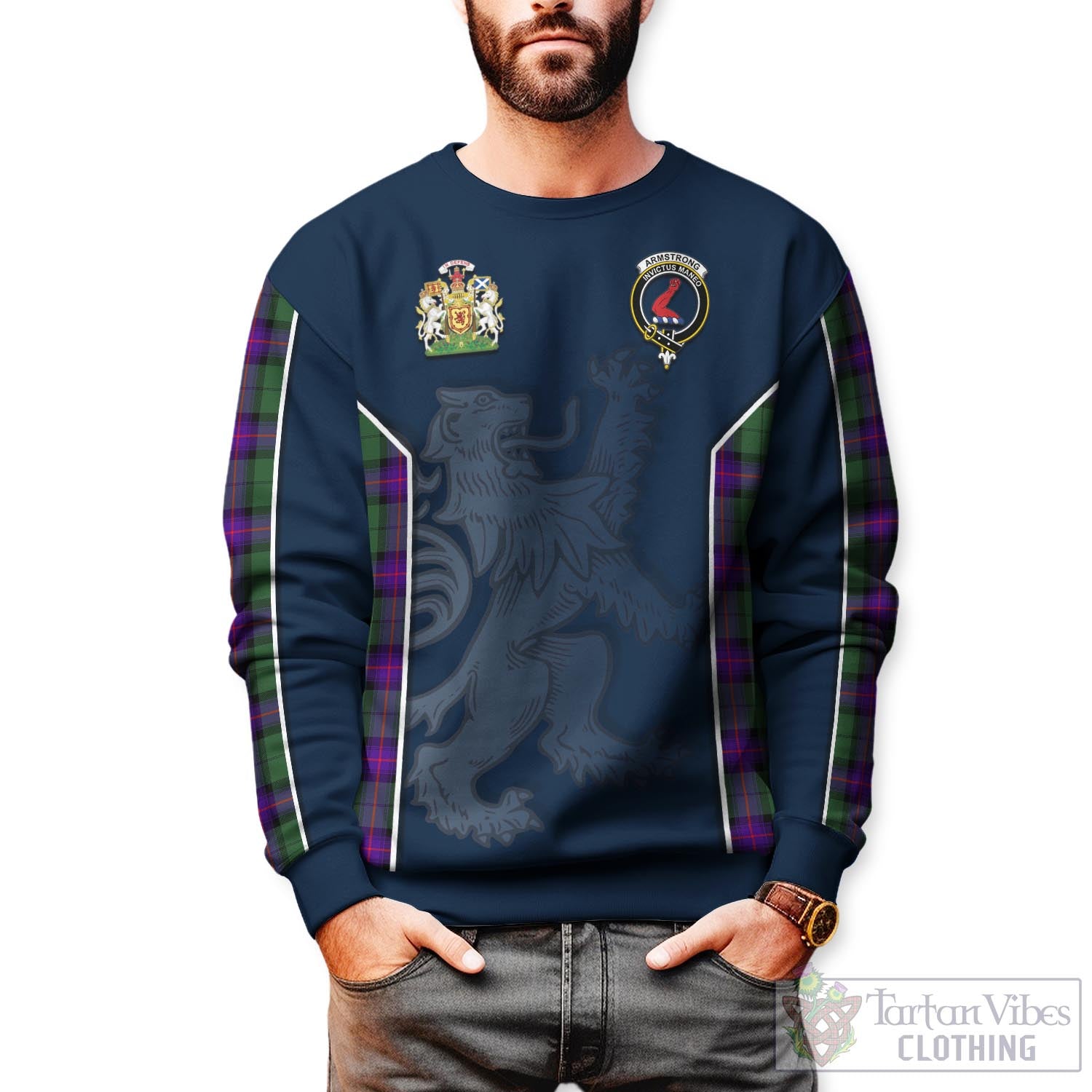 Tartan Vibes Clothing Armstrong Modern Tartan Sweater with Family Crest and Lion Rampant Vibes Sport Style