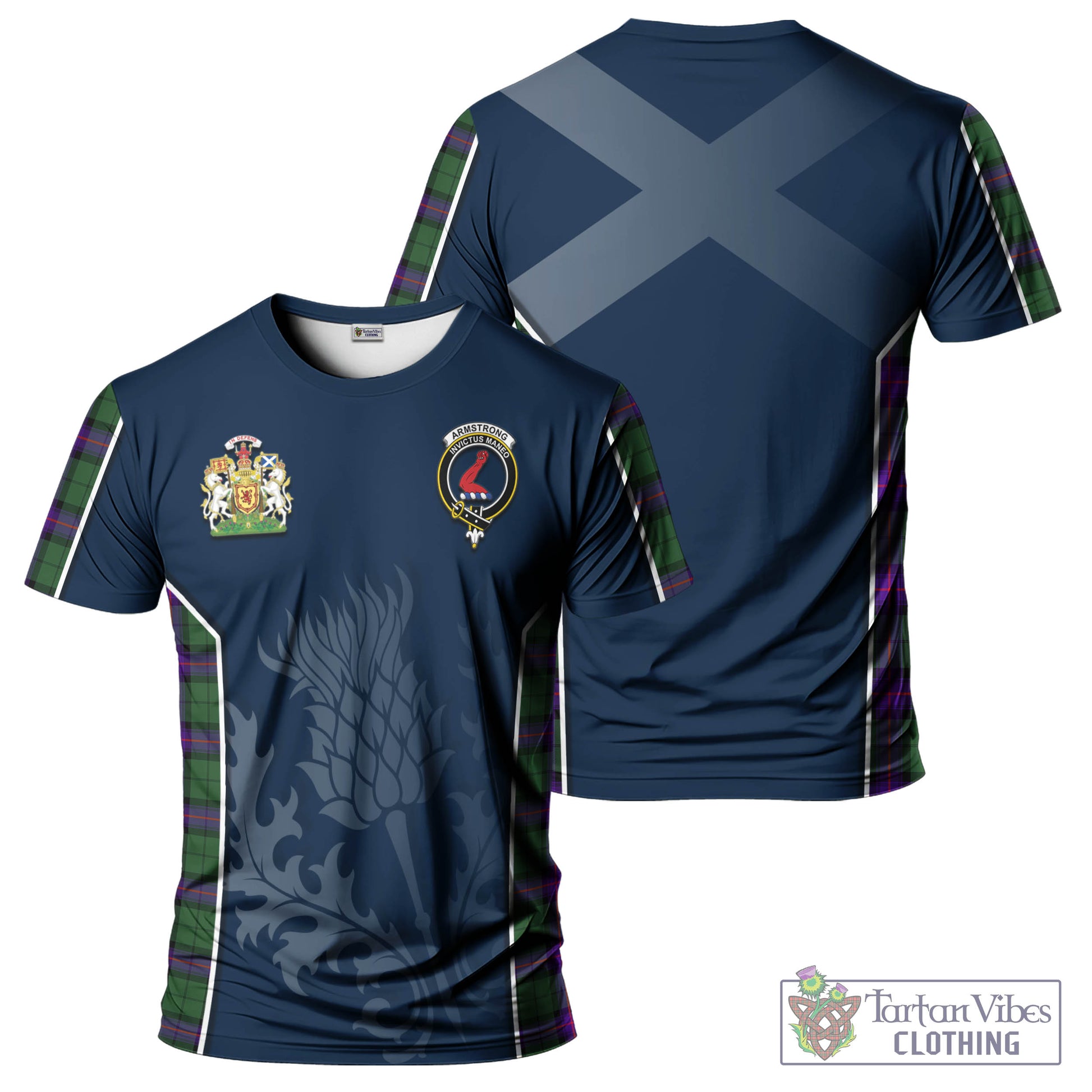 Tartan Vibes Clothing Armstrong Modern Tartan T-Shirt with Family Crest and Scottish Thistle Vibes Sport Style