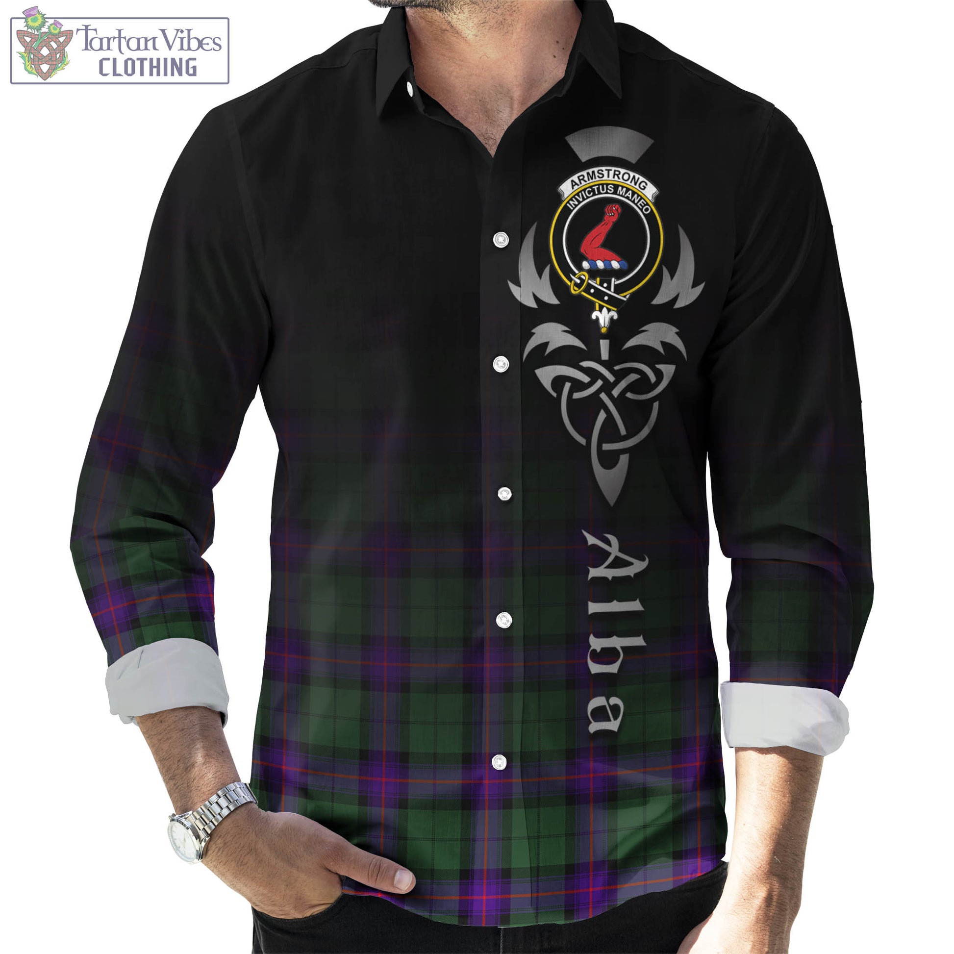 Tartan Vibes Clothing Armstrong Modern Tartan Long Sleeve Button Up Featuring Alba Gu Brath Family Crest Celtic Inspired