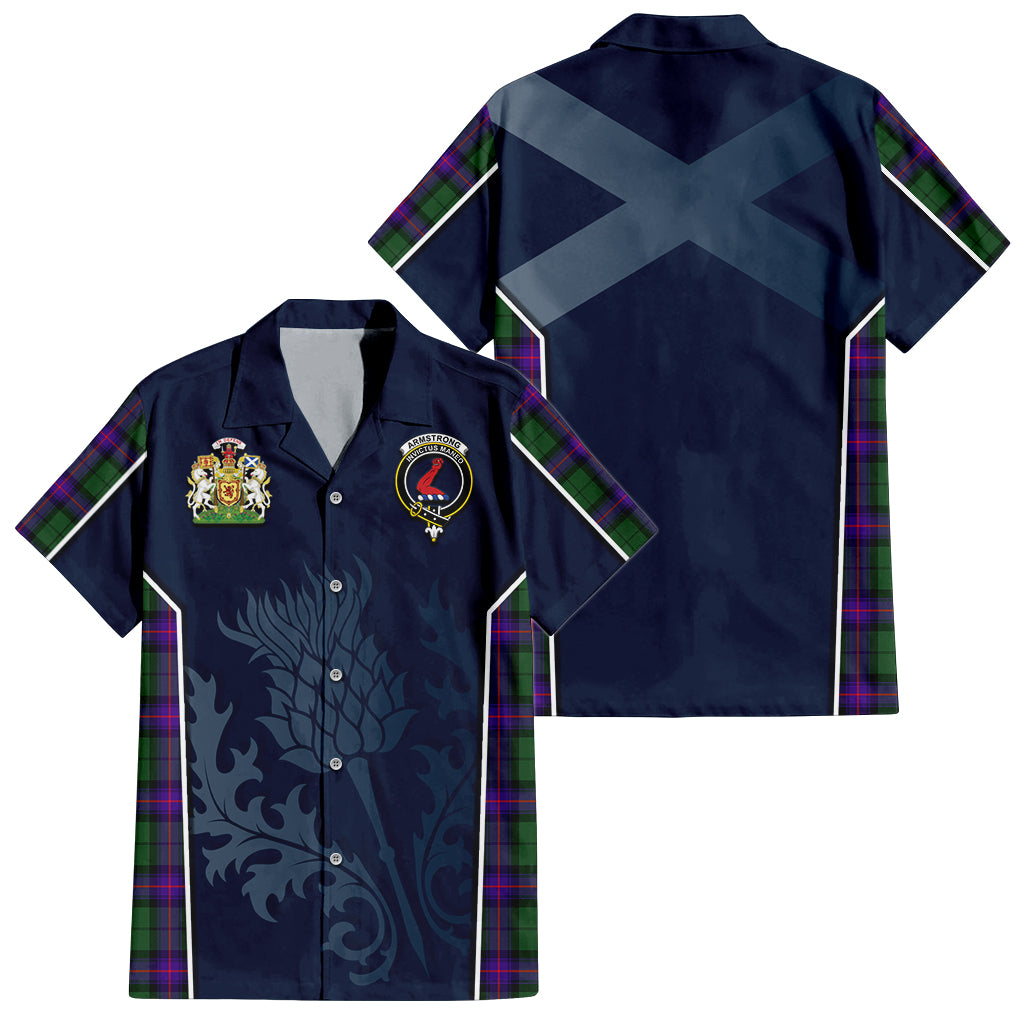 Tartan Vibes Clothing Armstrong Modern Tartan Short Sleeve Button Up Shirt with Family Crest and Scottish Thistle Vibes Sport Style