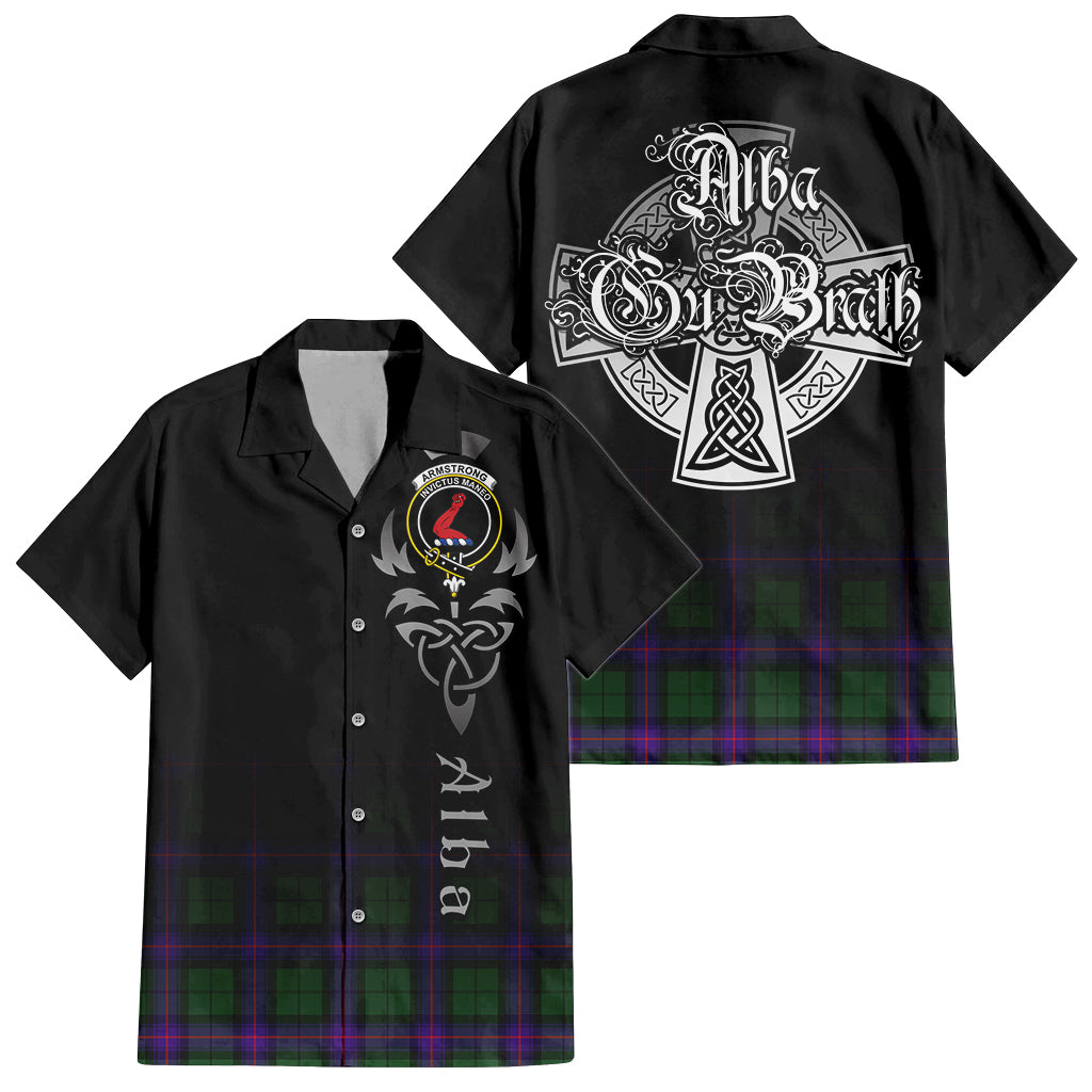 Tartan Vibes Clothing Armstrong Modern Tartan Short Sleeve Button Up Featuring Alba Gu Brath Family Crest Celtic Inspired