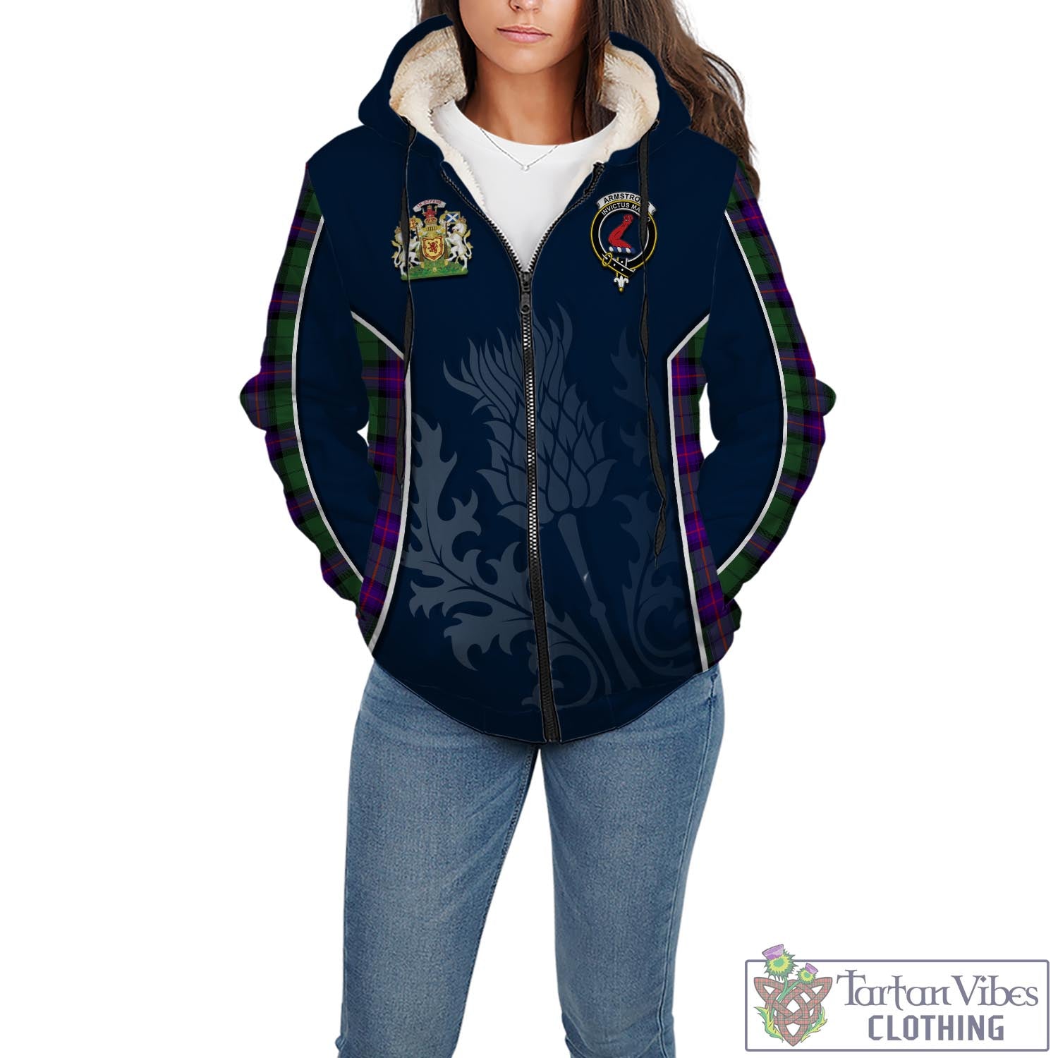 Tartan Vibes Clothing Armstrong Modern Tartan Sherpa Hoodie with Family Crest and Scottish Thistle Vibes Sport Style