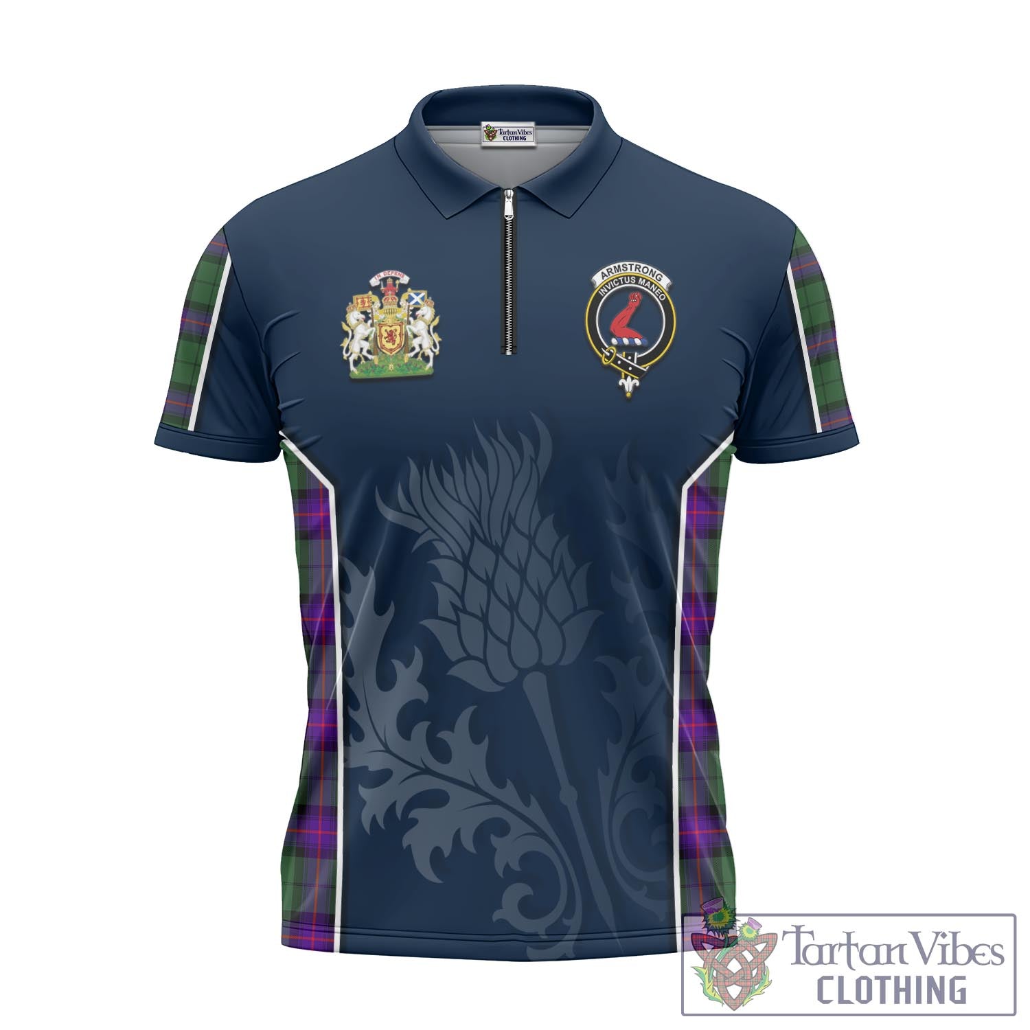 Tartan Vibes Clothing Armstrong Modern Tartan Zipper Polo Shirt with Family Crest and Scottish Thistle Vibes Sport Style