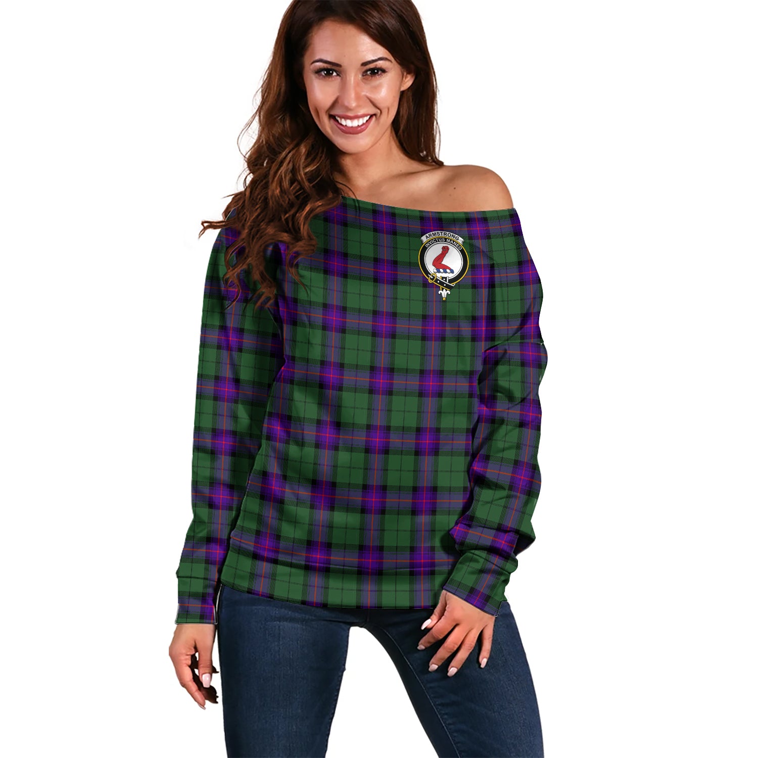 Armstrong Modern Tartan Off Shoulder Women Sweater with Family Crest Women - Tartanvibesclothing