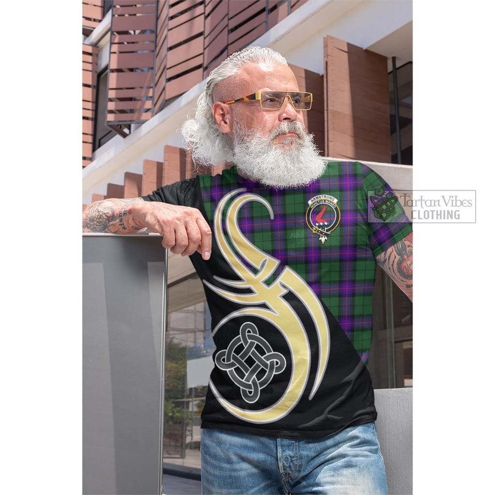 Tartan Vibes Clothing Armstrong Modern Tartan Cotton T-shirt with Family Crest and Celtic Symbol Style