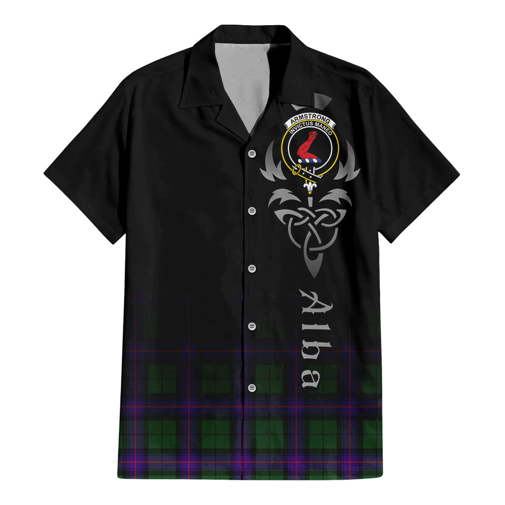 Tartan Vibes Clothing Armstrong Modern Tartan Short Sleeve Button Up Featuring Alba Gu Brath Family Crest Celtic Inspired