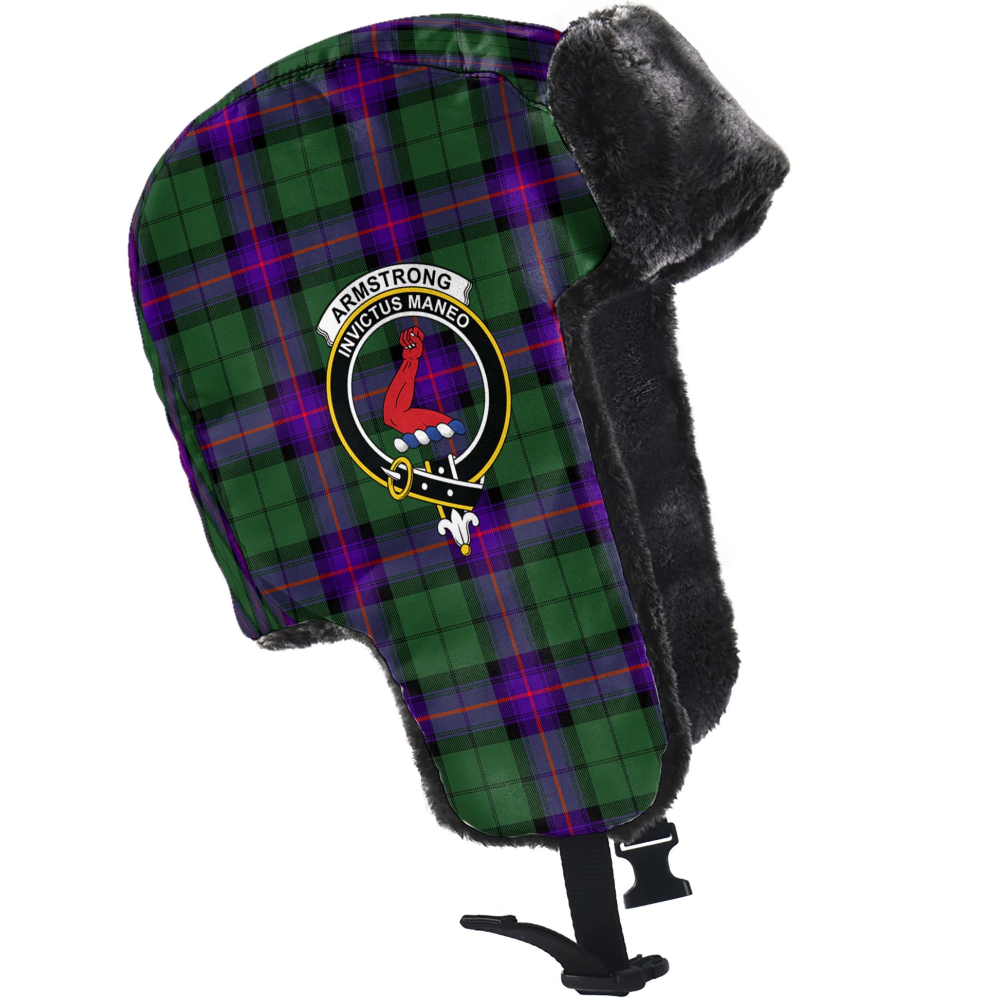 Armstrong Modern Tartan Winter Trapper Hat with Family Crest - Tartanvibesclothing