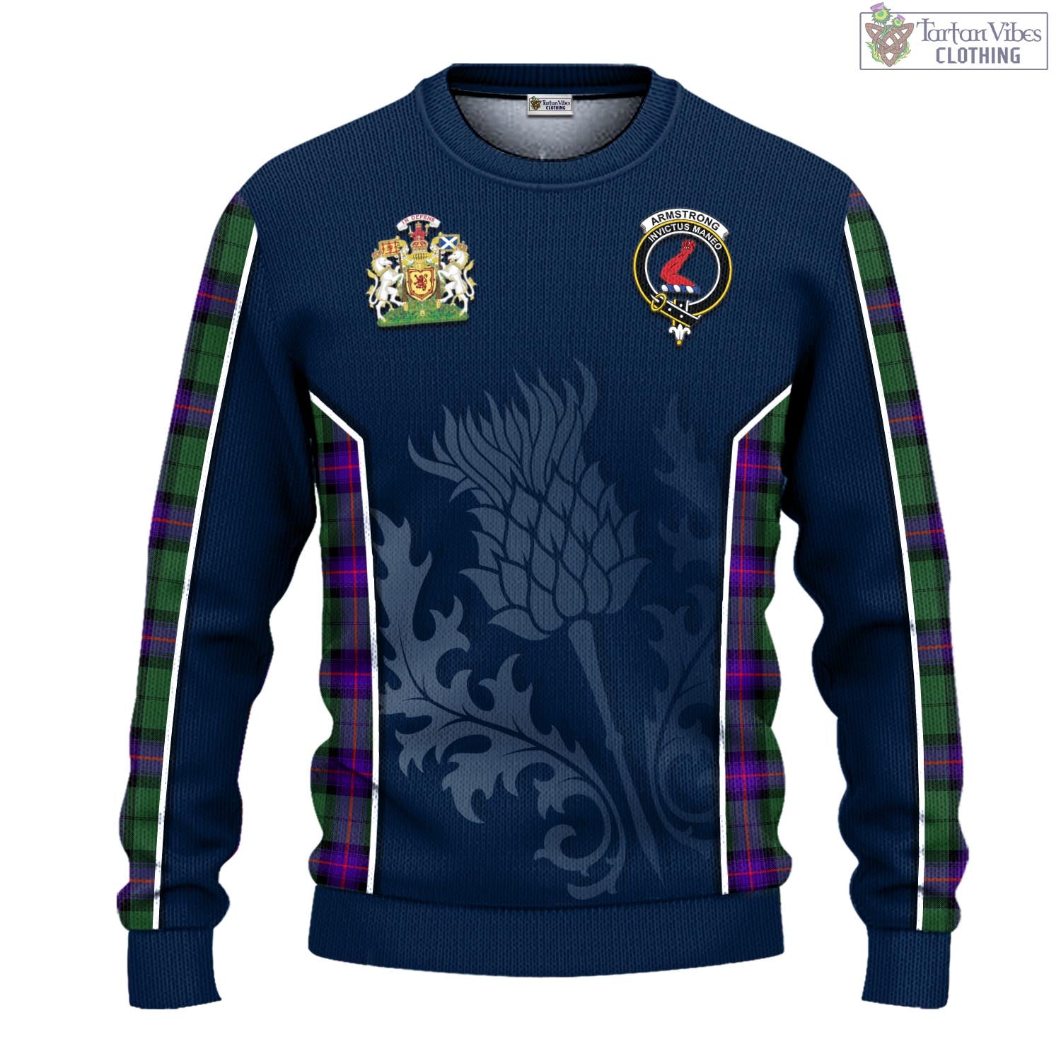 Tartan Vibes Clothing Armstrong Modern Tartan Knitted Sweatshirt with Family Crest and Scottish Thistle Vibes Sport Style