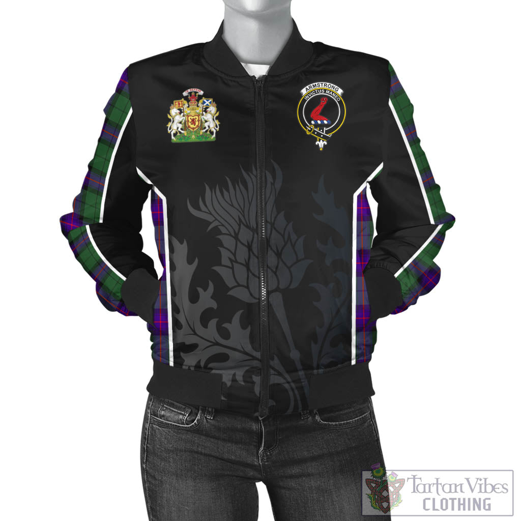 Tartan Vibes Clothing Armstrong Modern Tartan Bomber Jacket with Family Crest and Scottish Thistle Vibes Sport Style