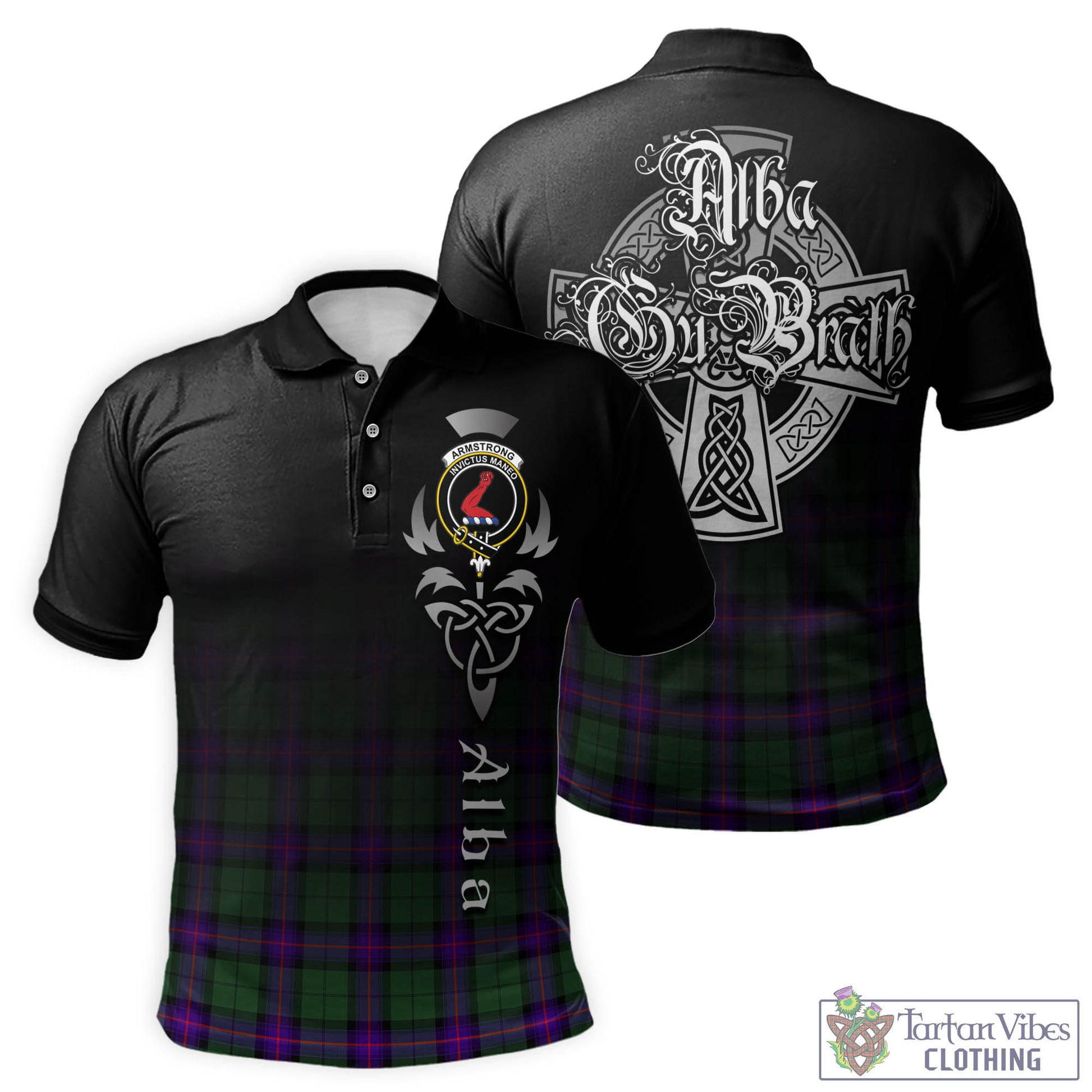 Tartan Vibes Clothing Armstrong Modern Tartan Polo Shirt Featuring Alba Gu Brath Family Crest Celtic Inspired